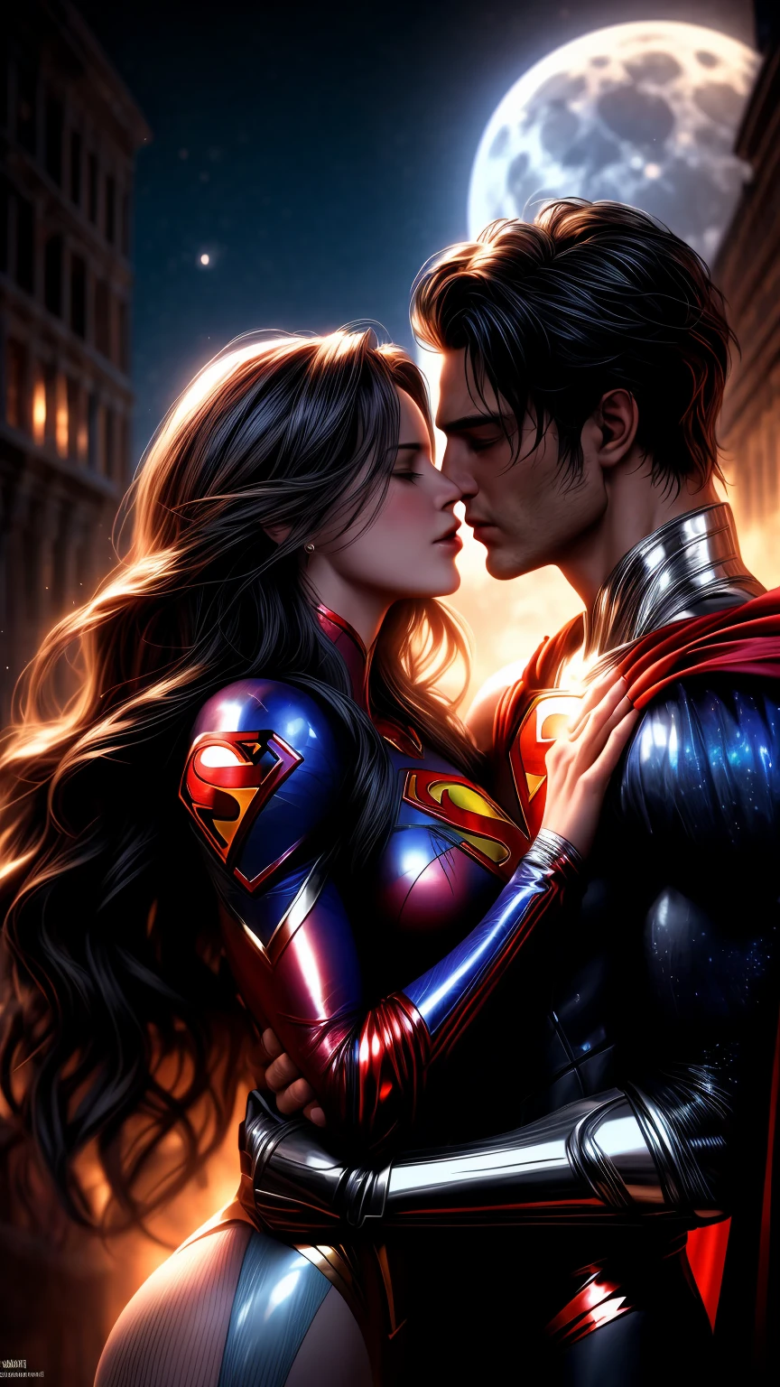 a man and woman kissing under a full moon, krypton, textless, romance fantasy movie, concept art of love, by Juan O'Gorman, by Zack Snyder, guillem h. pongiluppi, the kiss, kissing together, kiss, superman, no words 4 k, yuri shwedoff and tom bagshaw, ross tran 8 k, kissing
