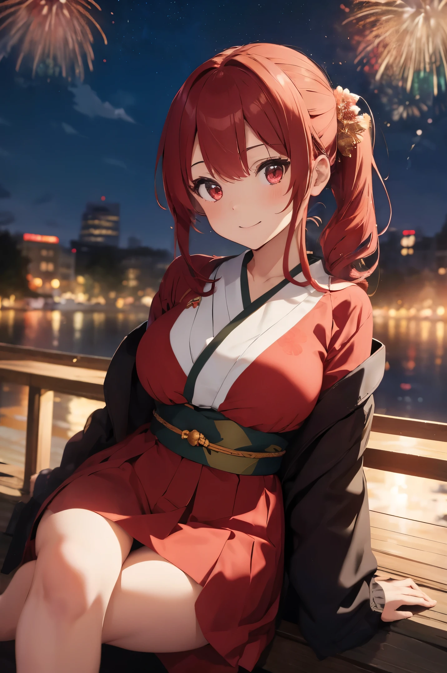 "anime girl, 1 person, red hair, shoulder length hair, dark red eyes, wearing flower hairpin, female kimono, red kimono with gold border pattern, big breasts, long stockings, blushing smile, standing still  cross-legged, solo, view from different angles, festival, New Year's Eve fireworks, fireworks viewing, night (full HD 4K+ image)"