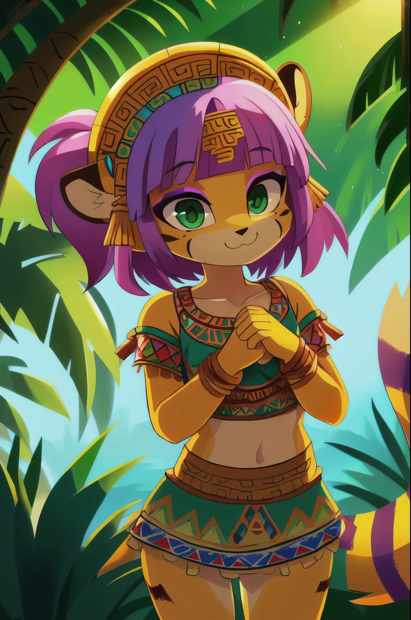 Furry girl, young, cheetah, pink hair, spiky hairstyle, short spiky ponytail, Green eyes, two tone body fur, yellow body fur, clear yellow body fur, small breasts, :3, detailed body fur, detailed eyes, detailed face, glistering body, shiny body, gorgeous body, masterpiece, high quality, detailed shadows, detailed lighting, Colorful tribal Dress, headdress, thick eyelashes, Makeup, purple eyeshadow, medium Hair, Jungle, Jungle Detail Outdoor Background, Professional Lighting, standing, ((aztec topwear, aztec bottomwear)), (Aztec, Aztec Girl:1.2)