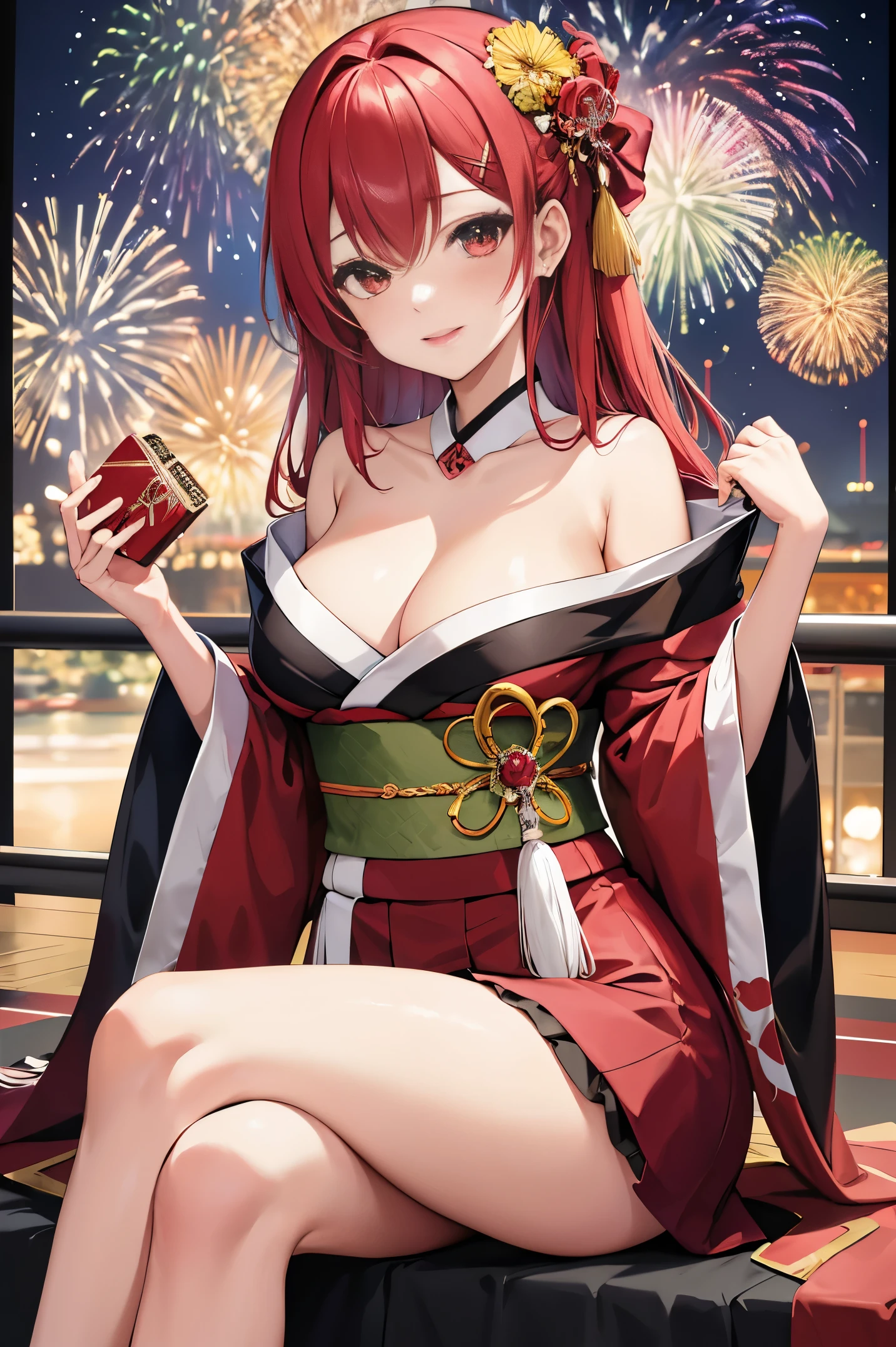"anime girl, 1 person, red hair, shoulder length hair, dark red eyes, wearing flower hairpin, female kimono, red kimono with gold border pattern, big breasts, long stockings, blushing smile, standing still cross-legged, solo, view from different angles, festival, New Year's Eve fireworks, fireworks viewing, night (full HD 4K+ image)"