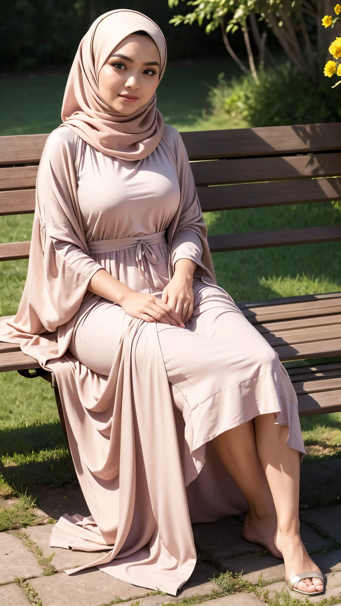 ((best quality)), ((masterpiece)), ((realistic)), woman, 45-year-old, Japanese woman, wearing black Hijab , short girl, mesmerizing blue eyes, extremely detailed, natural skin tone, big breast, skin with pores, wearing white long sleeves plicated suit maxi dress, portrait, full body shot, fit body, wearing pink shoes, side view, side shot, walking in park, shallow depth of field, body fully covered with clothes except face and hands