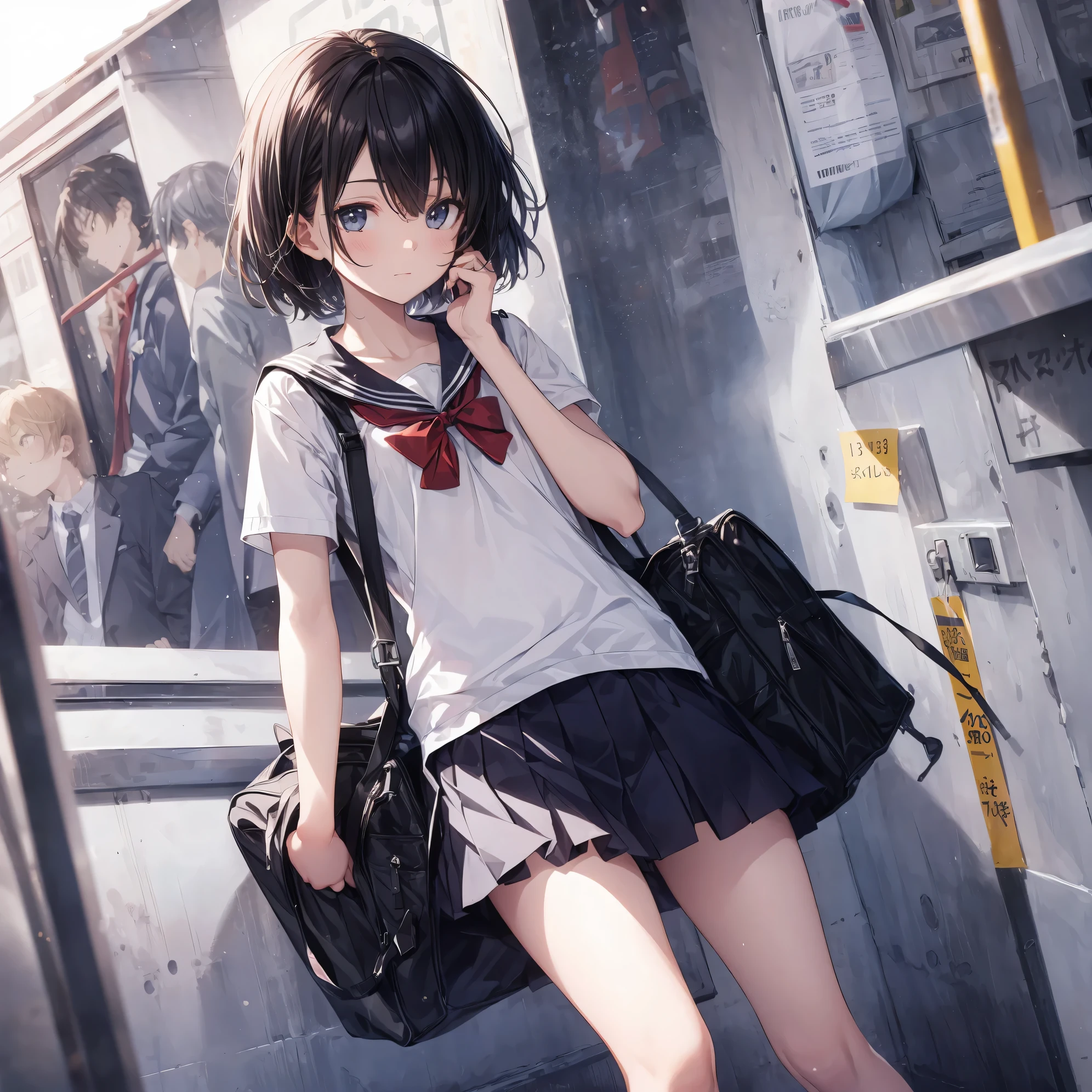 Super high quality by the art god, super detailed, High resolution, Shinkai Makoto style, anime moe art style, best anime 8K konachan wallpaper, pixiv contest winner, perfect anatomy, break,(眠そうにalone学校へ行く女の子を描いてください. ),break, surreal high school girl, (alone,change, Tomboy,13 years old:1.3),All limbs, full finger,Middle school students, androgynous charm, (very, very short hair), messy hair, flat and soft chest, small ass, between legs, small eyes,beautiful detailed black eyes, Well-proportioned iris and pupils, disgusted eyes, High resolutionの詳細な髪, school uniform, (skirt), On the way to school. break,super dense skin, Best lighting by famous artists, 8K, figure,