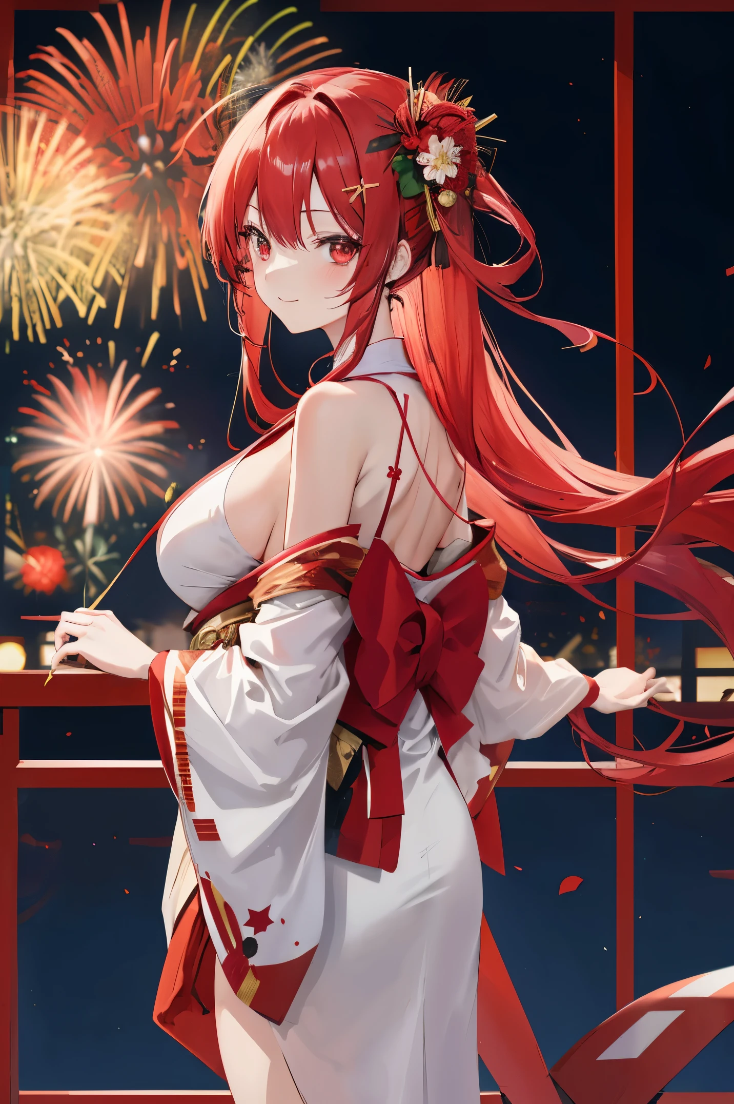 "anime girl, 1 person, red hair, shoulder length hair, dark red eyes, wearing flower hairpin, female kimono, red kimono with gold border pattern, big breasts, long stockings, blushing smile, standing still cross-legged, solo, view from different angles, festival, New Year's Eve fireworks, fireworks viewing, night (full HD 4K+ image)"