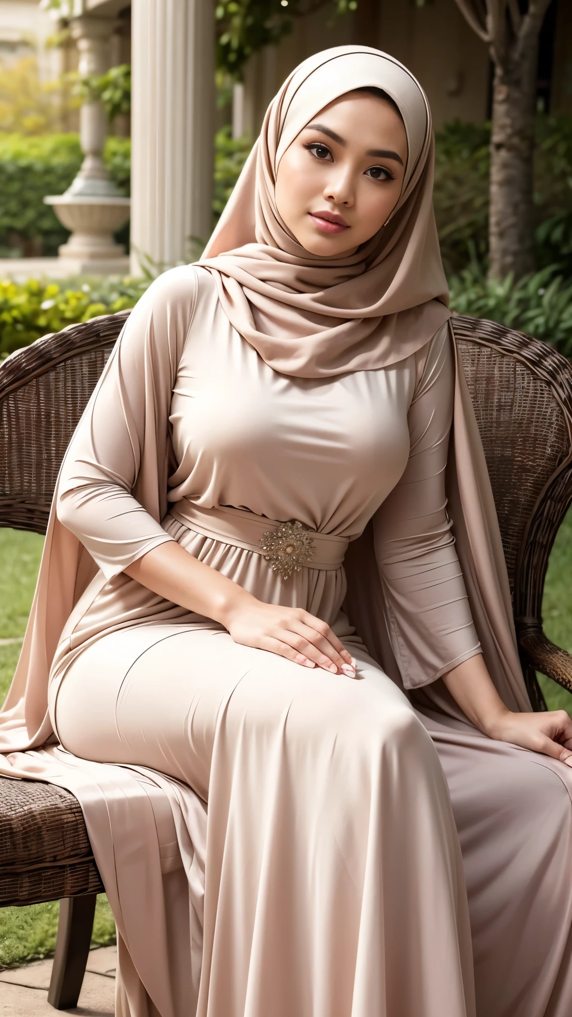 (Best quality, high resolution, masterpiece: 1.3), a beautiful malay woman in hijab, big breasts, perfect fit body, sweatshirt, beautifully presented details in the street and facial and skin texture, detailed eyes, double eyelids, big eyeschest visible, woman sitting on a garden Flowers wearing a long dress, modest flowing gown, long dress female, multilayered outfit, actress, hijab, femme, wearing an elegant dress, taupe, wearing a long flowy fabric,