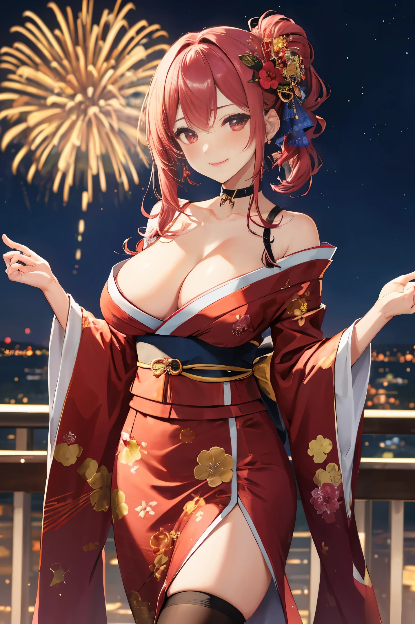 "anime girl, 1 person, red hair, shoulder length hair, dark red eyes, wearing flower hairpin, female kimono, red kimono with gold border pattern, big breasts, long stockings, blushing smile, standing still cross-legged, solo, view from different angles, festival, New Year's Eve fireworks, fireworks viewing, night (full HD 4K+ image)"