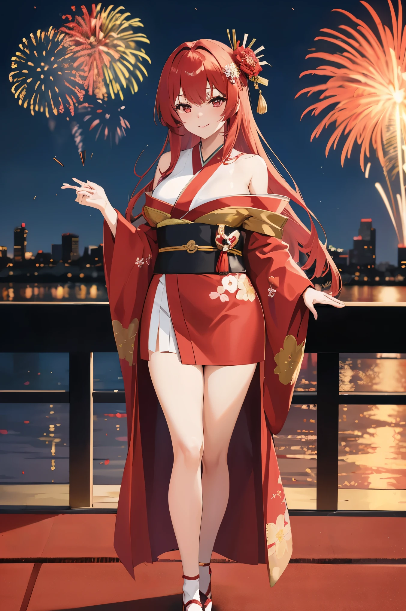 "anime girl, 1 person, red hair, shoulder length hair, dark red eyes, wearing flower hairpin, female kimono, red kimono with gold border pattern, big breasts, long stockings, blushing smile, standing still cross-legged, solo, view from different angles, festival, New Year's Eve fireworks, fireworks viewing, night (full HD 4K+ image)"