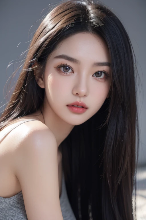midnight, realistic, High resolution 8k, Complete dynamic configuration, beautiful detailed eyes, normal sized eyes, long straight gray hair, lively and bright lips, big bust, random common poses, Random Casual Outfits, breast swelling, Random and natural expressions, 25 years old, Korean woman, (drooping eyes 1.2), (sagging eyebrows 1.2), very beautiful appearance, slim body, natural makeup, Crisp background, 
