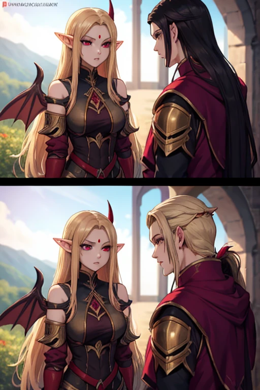 a female adult elf with weavy darkblonde hair visible forehead and demon wings wearing female purple armor next to a tall male adult good looking elf with *very long dark black hair* and red eyes wearing red armor couple dark athmosphere male with black hair