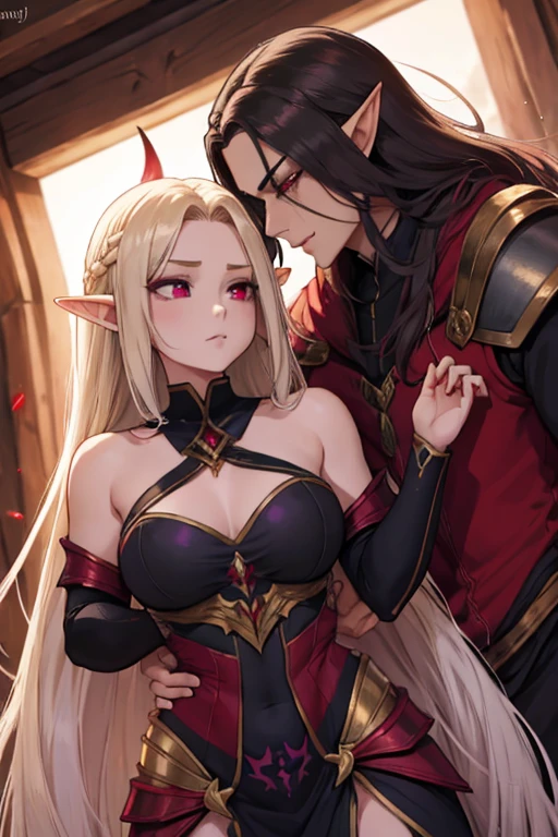 a female adult elf with weavy darkblonde hair visible forehead and demon wings wearing female purple armor next to a male elf with very long black hair and red eyes wearing red armor couple 