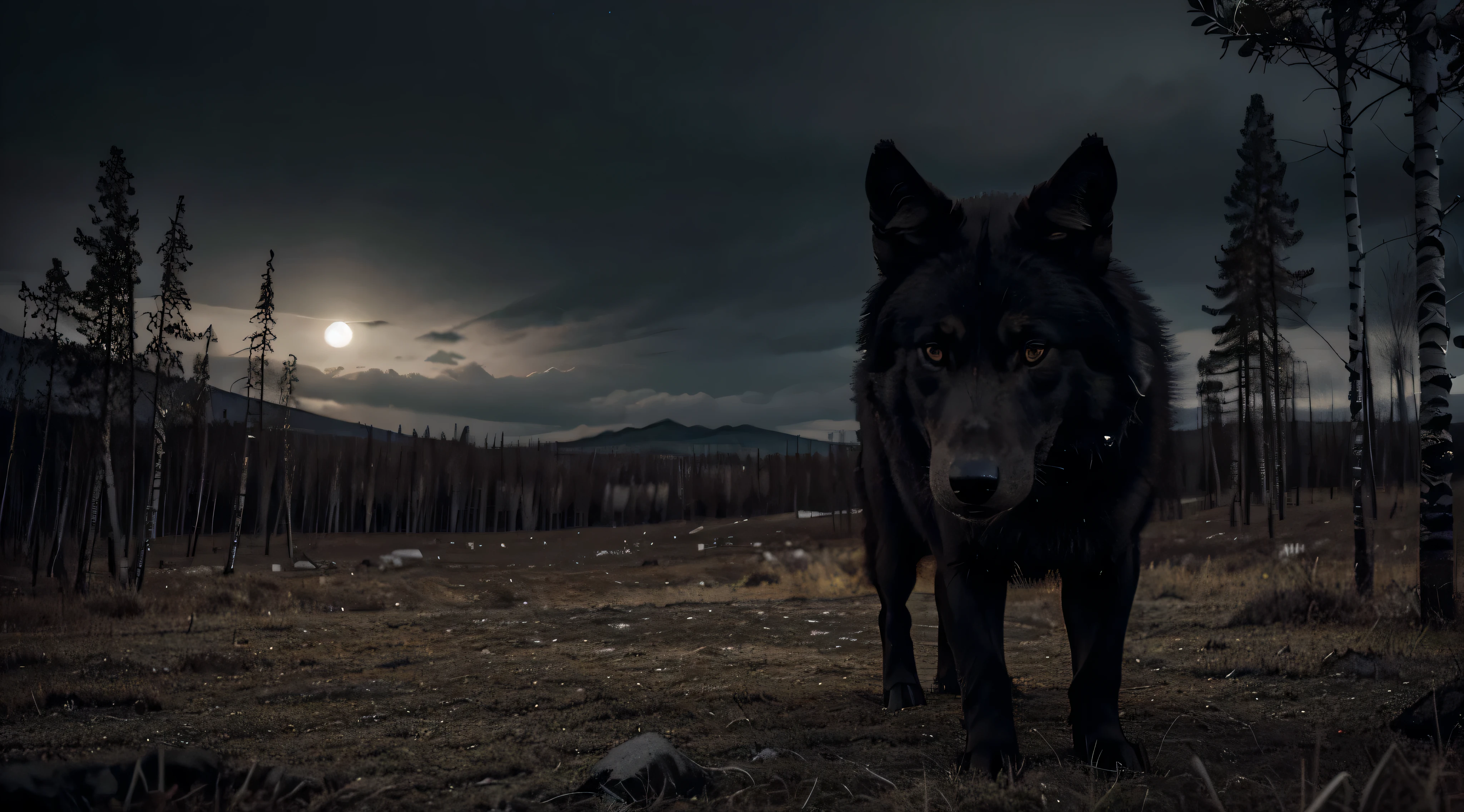 Develop high definition, High resolution digital image of a black wolf with scarlet eyes. The wolf must have a serious and serene expression, fixando o olhar diretamente para a tela. A paisagem circundante deve representar a noite, with a dark sky, a lua cheia e grande iluminando a paisagem. Ao fundo do lobo, create a gloomy landscape of birch trees that convey a spooky atmosphere. A paleta de cores deve ser predominantemente escura, com destaque para tons escarlates nos olhos do lobo. Make sure the image conveys a sense of serenity mixed with a mysterious and intriguing aura.