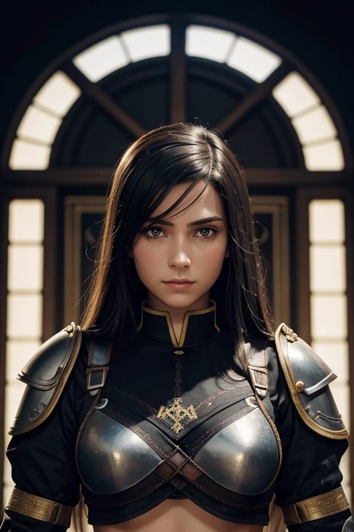 RAW photo, close up, portrait, breegirl, long hair, clothed, metal armor, full armor, sfw, 105mm professional photography, analog photography, background is throne room, detailed background, (high detailed skin:1.2), 8k uhd, dslr, soft lighting, high quality, film grain, Fujifilm XT3,