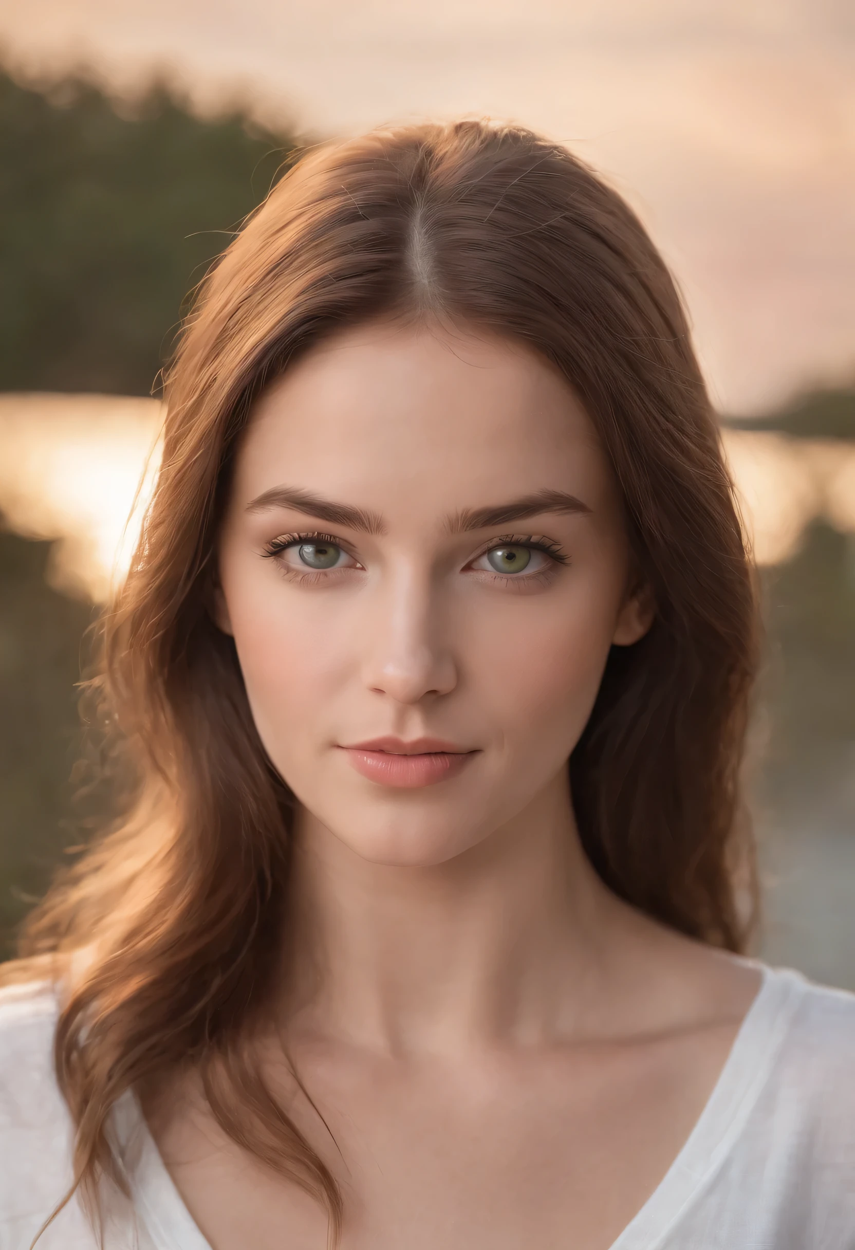 Un portrait photoréaliste grand angle d&#39;une Américaine de 25 ans aux longs, cheveux bruns flottants et yeux verts frappants, Je porte un T-Shart blanc. Elle devrait avoir un naturel, expression accessible et être illuminé par la douceur, soleil de l&#39;heure d&#39;or. L&#39;arrière-plan doit être un décor extérieur pittoresque, peut-être une plage ensoleillée. Capturez cette image avec une photo haute résolution à l&#39;aide d&#39;un objectif 85 mm pour une perspective flatteuse.