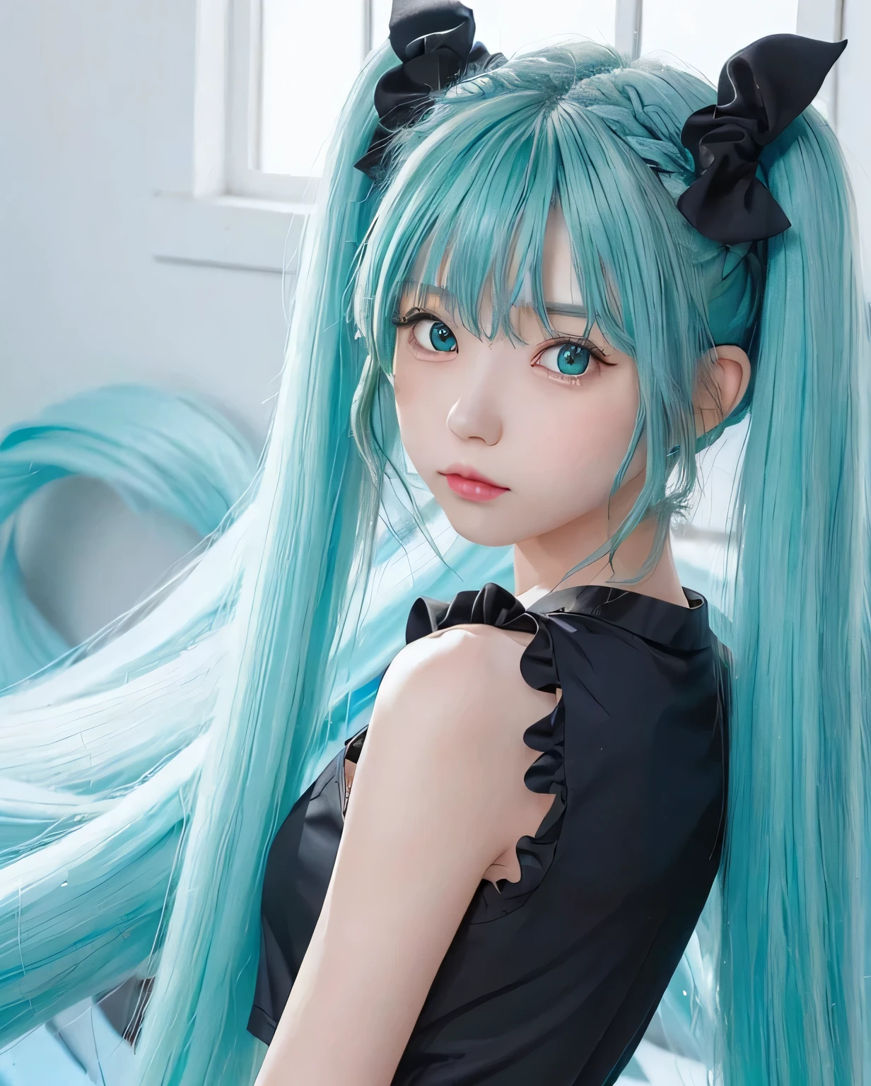 {The theme is Hatsune Miku}、(crazy turquoise long hair:1.5)、twin tails、((black ribbon scrunchie))、(black　camisole dress)、, shiny hair, expressive hair, crystal hair, gradient eyes, Artistic, conceptual art, glitter effect , shine, UHD, retina, masterpiece, Accurate, anatomically correct, Super detailed, high detail, fine skin,((flat body、slim、cute:1.3))、((dark blue sea background))、sad expression