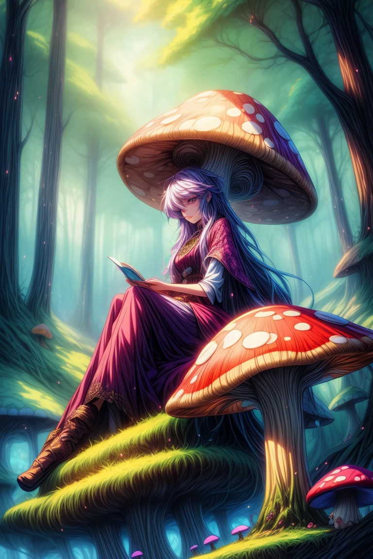 a woman sitting on a mushroom in the woods with a hat on, fantasy art style, anime style 4 k, bright witch, anime fantasy illustration, anime wallaper, 8k high quality detailed art, anime art wallpaper 4 k, anime art wallpaper 4k, boho chic | | very anime!!!, hd anime wallaper, beautiful wizard, beautiful anime artwork