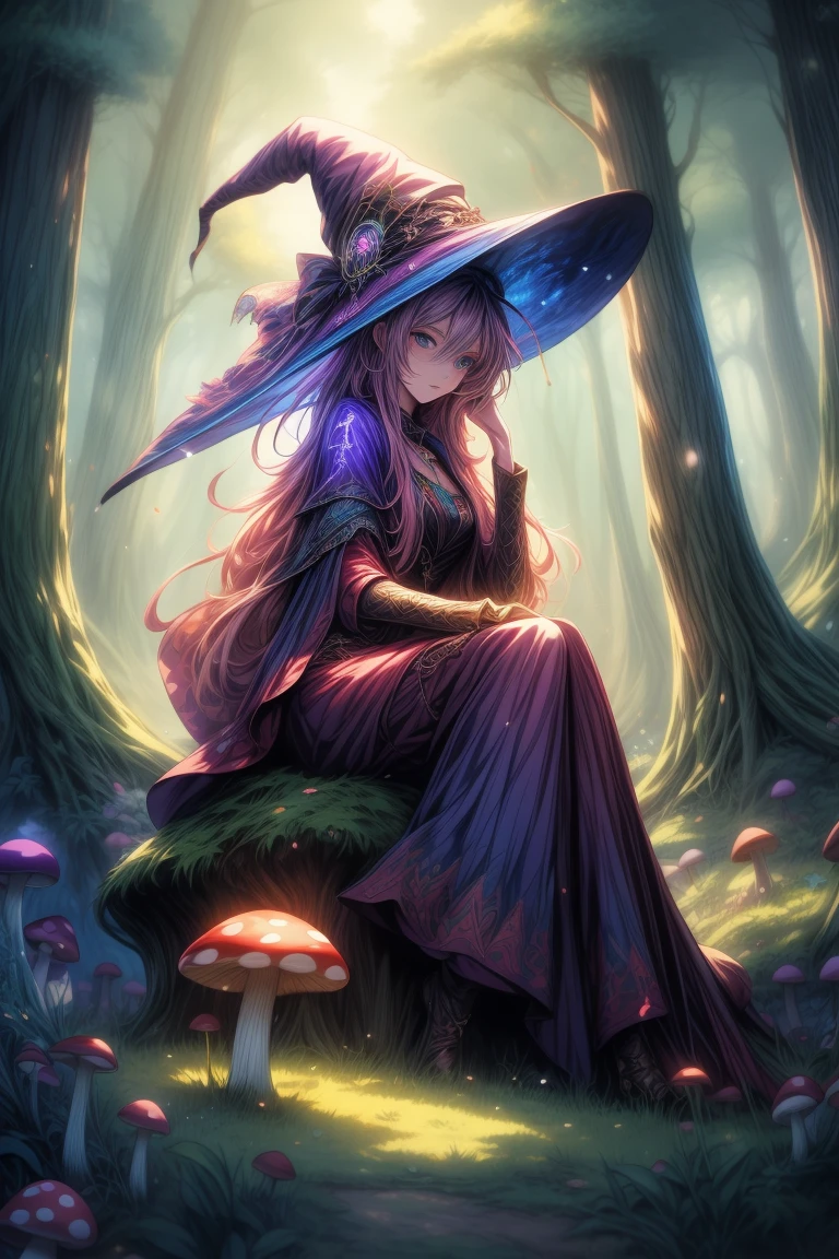a woman sitting on a mushroom in the woods with a hat on, fantasy art style, anime style 4 k, bright witch, anime fantasy illustration, anime wallaper, 8k high quality detailed art, anime art wallpaper 4 k, anime art wallpaper 4k, boho chic | | very anime!!!, hd anime wallaper, beautiful wizard, beautiful anime artwork