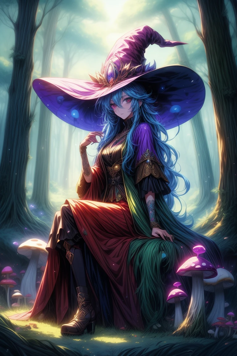 a woman sitting on a mushroom in the woods with a hat on, fantasy art style, anime style 4 k, bright witch, anime fantasy illustration, anime wallaper, 8k high quality detailed art, anime art wallpaper 4 k, anime art wallpaper 4k, boho chic | | very anime!!!, hd anime wallaper, beautiful wizard, beautiful anime artwork