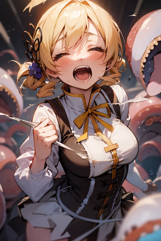 (mami tomoe, 1girl, closed eyes, open mouth, screaming, tentacle leash, fluttering skirt, white panties,pain,tentacles on neck,torn clothes)