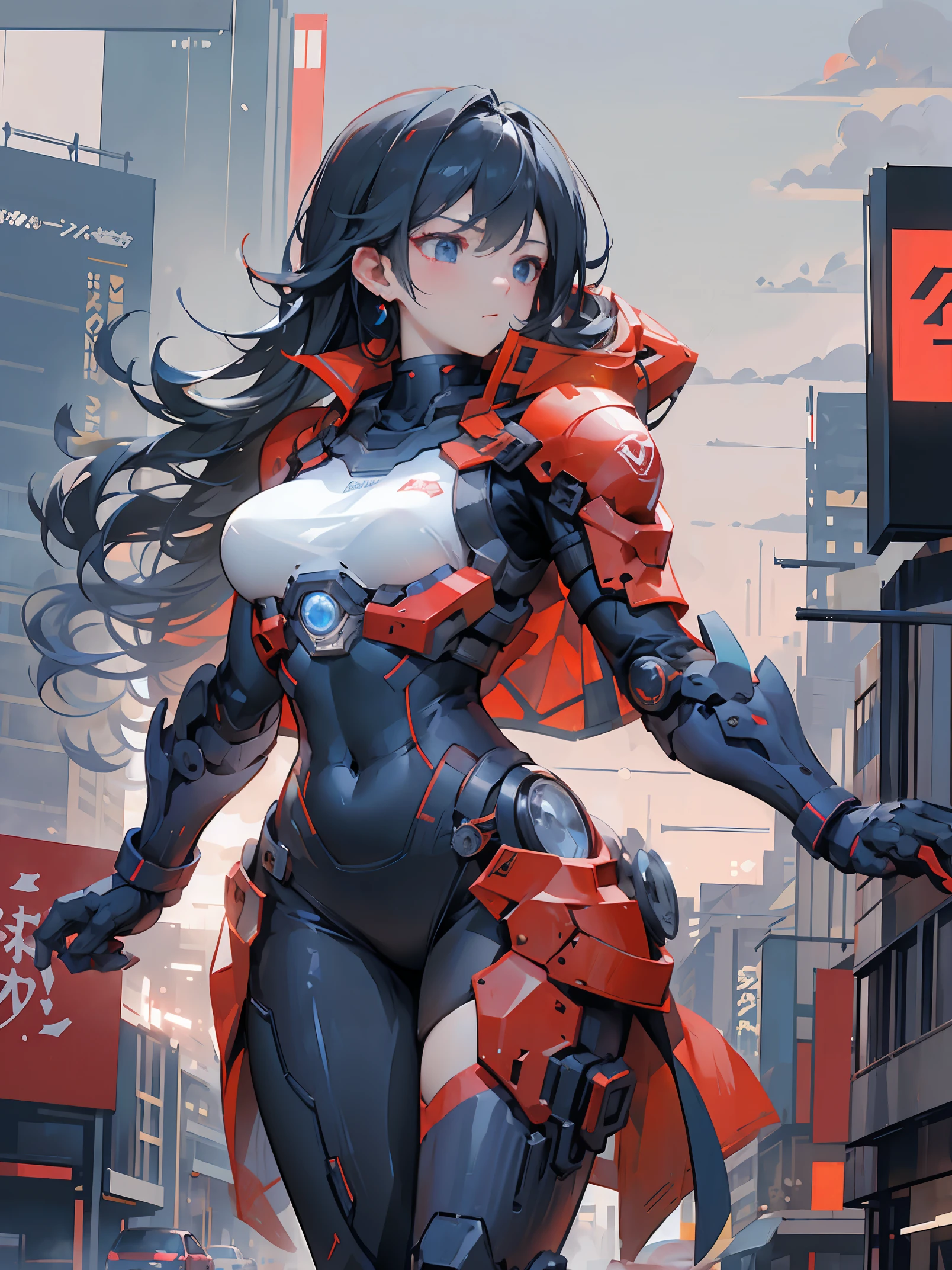 ((masterpiece, quality, super clear, HD)), Deep blue sky,alone, beautiful girl, Glazed eyes, perfect eyes, 15 years old, white hair,Five fingers of the hand,Black exquisite armor,Steel texture,There are red warning lights on the armor,Shabby tactical clothing o'clock in the morning,cool color,清冷blue sky,anime style,日本anime style,broken window,blue sky,black beat,Tactical suits,Tactical equipment,early morning,,red jacket,暗淡的Deep blue sky,暗淡的Deep blue sky,(((Blue light and shadoasstation,red jacket,red jacket,red clothes,slender figures,slim body