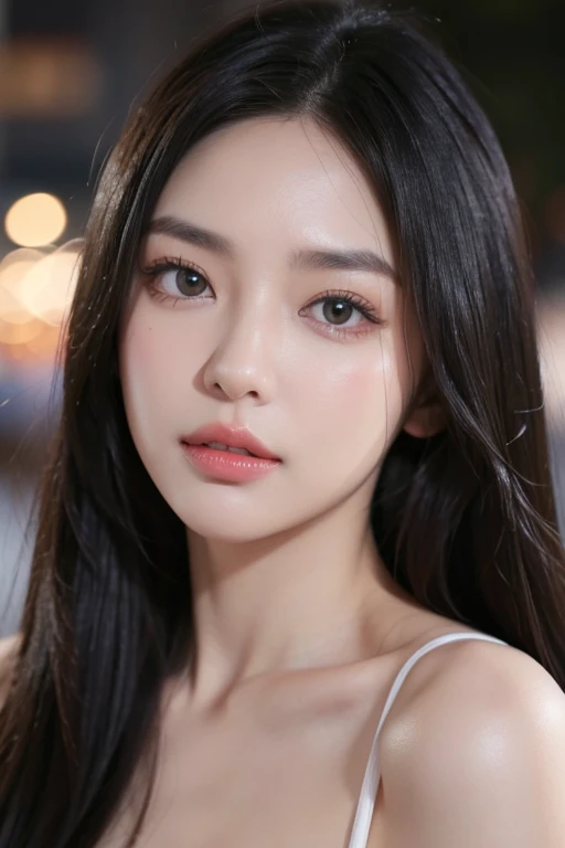 realistic, High resolution 8k, Complete dynamic configuration, beautiful detailed eyes, normal sized eyes, long straight gray hair, lively and bright lips, big bust, random common poses, Random Casual Outfits, Random and natural expressions, 25 years old, Korean woman, (drooping eyes 1.2), (sagging eyebrows 1.2), very beautiful appearance, slim body, natural makeup, night vivid background, Self camera