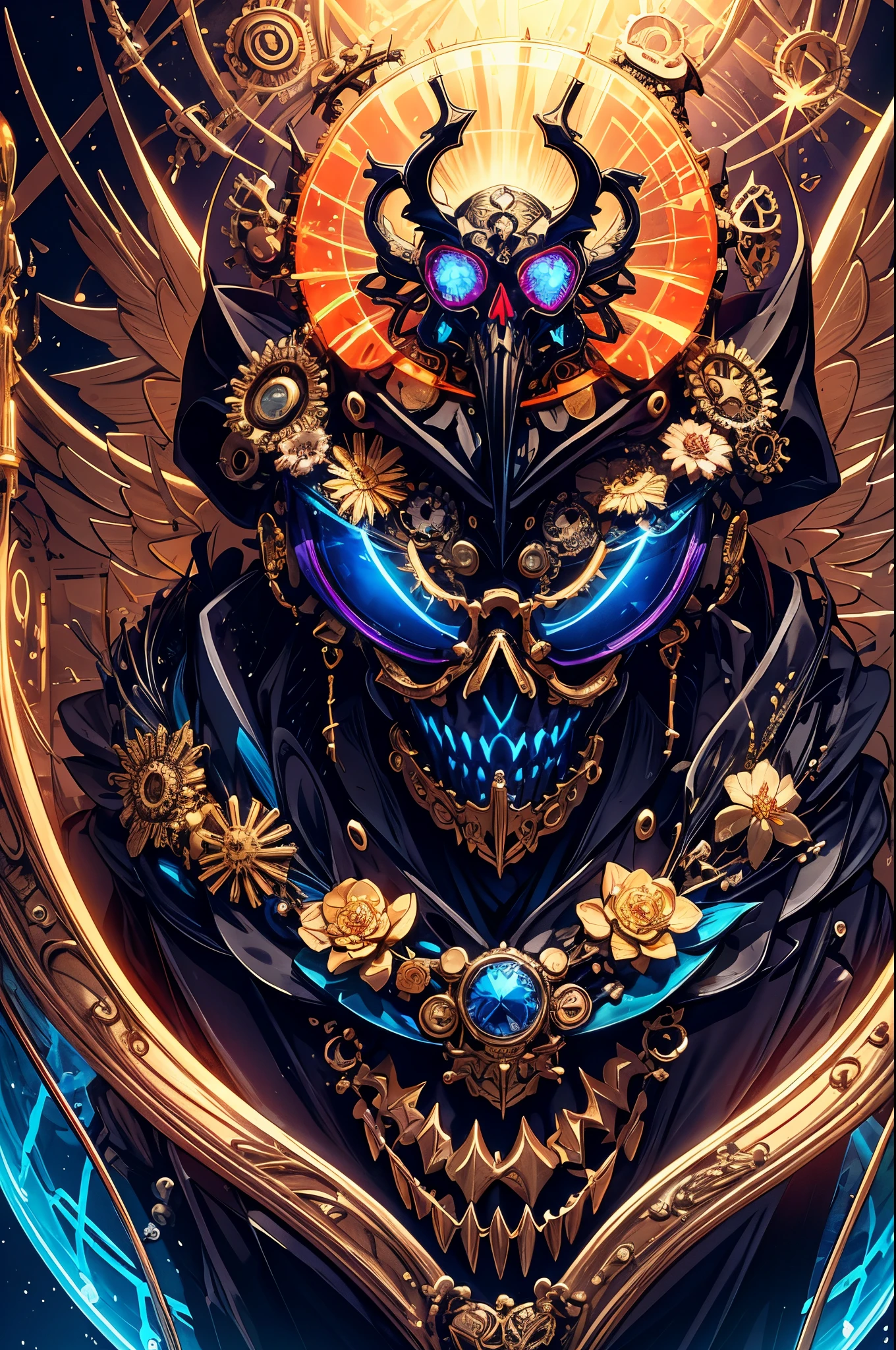 (Masterpiece, best quality :1.3), ultra-detailed, intricate, 8k, HDR, wallpaper, blue-gold color scheme, (glowing red, cross-shaped glow, blooming flowers)), gun, (shooting position), Glow, Royal Crown, armor, Glowing red eyes, Metal Mecha, metal wings, The hornetal skull inhabited by dreamlike transparent jellyfish)), the abstract twisted jellyfish tentacles, the cluster of transparent jellyfish tentacles above the skull, (black sunglasses, highly reflective lenses, rainbow around the skull), the energetic circular composition only illustrates the influence of various structural forces (steampunk decorative elements, cogs, and other elements). Pointer, chain decoration combination,