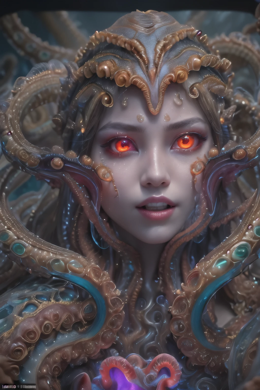 scary and sexy detailed art in color, Portrait, (beautiful and obscene female alien:1.4), (vulgarity1.5), (she has glowing red eyes with no pupils:1.8), (Translucent skin:1.7), ((There is a female genital-like organ in the middle of the forehead:1.9)), (The most beautiful face in the history of the universe:1.2),an evil gaze that seduces, (large mouth:1.1), (sharp teeth like a vampire:1.2), Full body portrait, (bio luminescent:1.5), (Smile wickedly:1.3), (sexypose:1.5), incredibly beautiful matured alien, (she has unparalleled beauty:1.5), No humans, cells are fused, (Lots of translucent tentacles:1.6) extraterrestrial, cell, bio image, best quality, 8K,In 4K_quality, High freshness, Dramatic Lighting, masterpiece:1.5, cinematic quality, detail up, (exquisite details:1.2), high resolution, High freshness, drawing faithfully, (Thick eyebrows:1.2), Beautiful eyes with fine symmetry, (Highly detailed face and eyes:1.2), (Super detailed skin quality feeling:1.1), perfect anatomy, (Beautiful toned body:1.5), (Moist skin:1.2), not wearing makeup, (dark circles:1.1), long canines, cinematic drawing of characters, ultra high quality model, cinematic quality, detail up, (exquisite details:1.2), high resolution, High freshness, drawing faithfully, official art, Unity 8K Wall , 8K Portrait, best quality, Very high resolution, ultra detailed artistic photography, midnight aura, unreal engine 5, Ultra Sharp Focus, art by Amano Yoshitaka, ArtGerm, Roisch, intricate artwork, best quality, masterpiece, ultra high resolution, (photos realistic:1.4), ultra realistic realism, dream-like, nautilus, Creation of fantasy, Snail, Dream Snail, (biopunk nautilus:1.3),Thrilling color schemes, ultra realistic realism, seductively smiling, (white tentacles with stripes:1.2), subtle emerald green accents, (expression of ecstasy:1.6) , in the dark, she has snake-like eyes