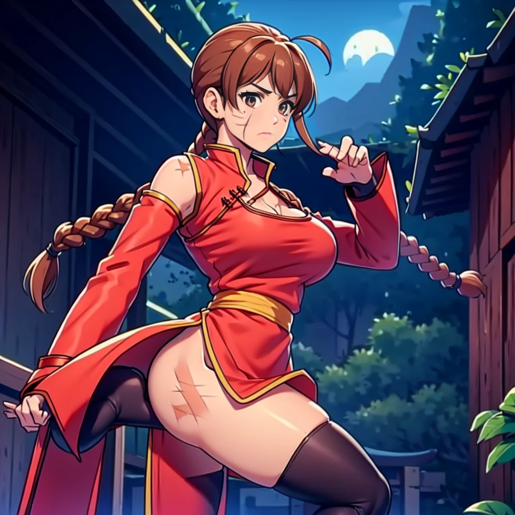 nsfw, venus body, horny lei kugo live a live:1.1, qipao, chinese clothes, traditional clothes, action pose, full body, brown hair, braided hair, scars on face, martial arts, action pose, slutty bimbo lei kugo, live a live, (1girl), huge breasts, ((red chinese clothes)), wanderer, traditional clothes, fighter clothes, gauntlets, elbow gloves, fingerless gloves, stockings, full body,(( brown hair)), ponytail, braided hair, (((scars on face:1.1)) , hourglass figure, female, clean face, human head, human proportion, good proportion, normal body shape, action pose, martial arts, kung fu, background, mountain, imperial chinese,