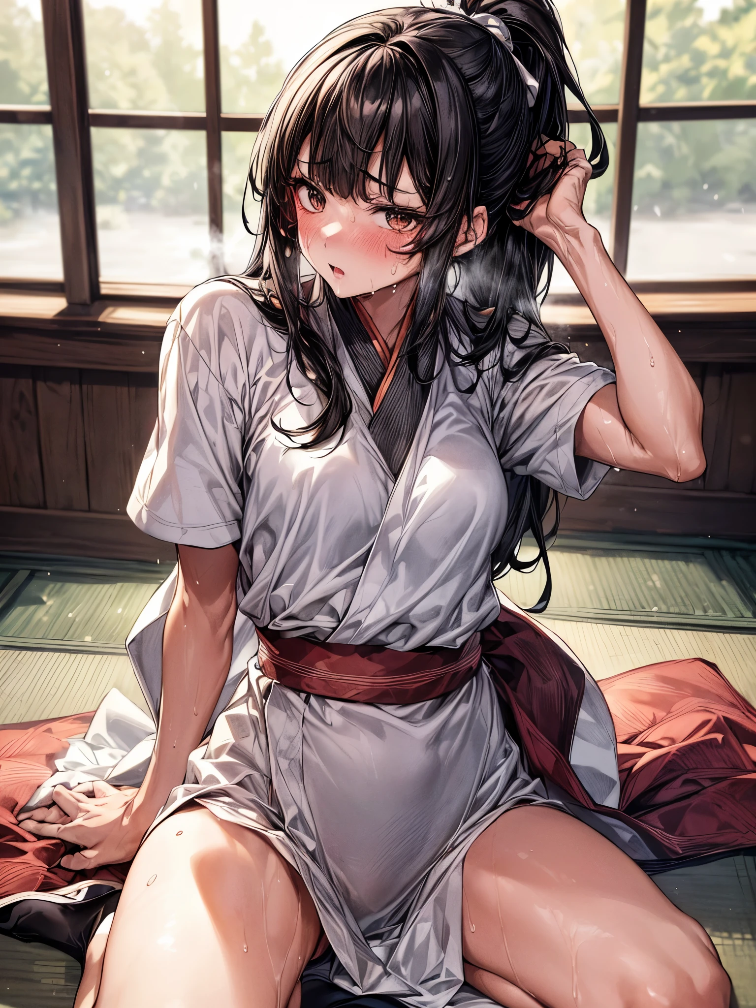 sex, {best quality}, {very aesthetic}, {ultra-detailed}, {best illustration},nsfw, girl, shirt, bottomlesassive female }}}, masturbation, orgasm, private room, on bed, soaked sheets, steam, sweat,whole body,thin,girl,small breasts,large amount of semen,Cumming face,delicate,Intense acts,real,oily skin,violent,tears,Seeding,Kyudo uniform