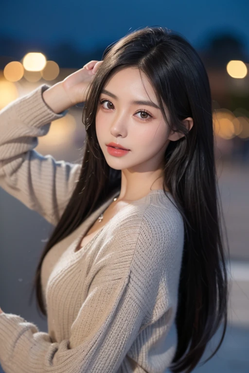 realistic, High resolution 8k, Complete dynamic configuration, beautiful detailed eyes, normal sized eyes, long straight gray hair, lively and bright lips, big bust, random common poses, Random Casual Outfits, Random and natural expressions, 25 years old, Korean woman, (drooping eyes 1.2), (sagging eyebrows 1.2), very beautiful appearance, slim body, natural makeup, night vivid background, Self camera, Full Photo Sharpness Remove Focus