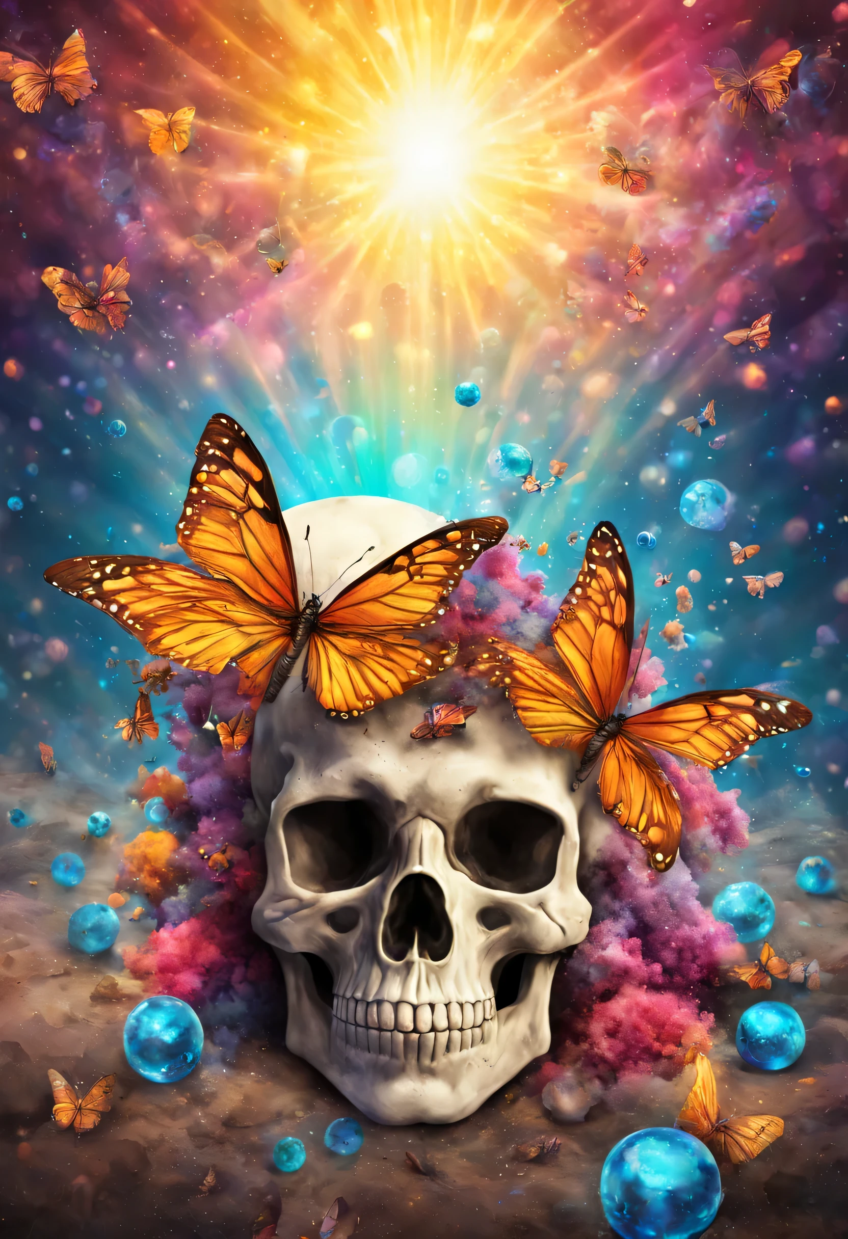 A magnificent sunshine, with a flock of butterflies with psychedelic decoration, with skulls scattered on the ground. And a detailed and textured tesseract in the background with colored dust and multicolored drop water