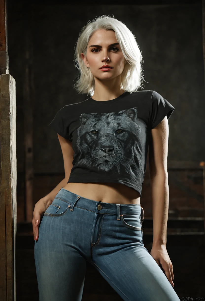 ((masterpiece, best quality)), beautiful woman (Ciri from the Witcher), (natural skin), (broad shoulders:1.2), legs, (tight jeans and tshirt:1.3), (seductive expression:1.2), various poses, (UHD, 8K wallpaper, High resolution), Cinematic lighting, physically-based rendering, award-winning, extremely detailed skin, extra detailed face, high detail eyes, Carl Zeiss 85 mm F/1.4, by Ellen von Unwerth
