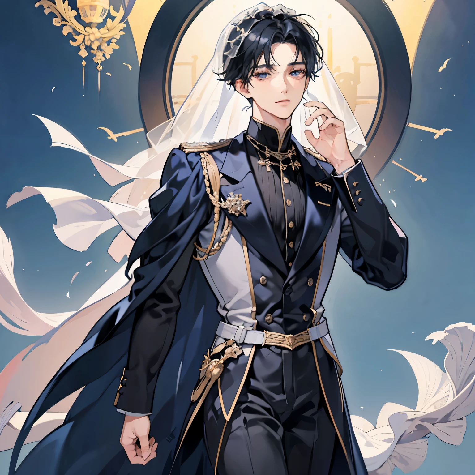 black-haired adonioi、Clear face、detailed face、1 boy、classic、arrogant man、top grade、center division、amount、one man、Glamour、music、Noble、Very beautiful man、Wearing a wedding veil、