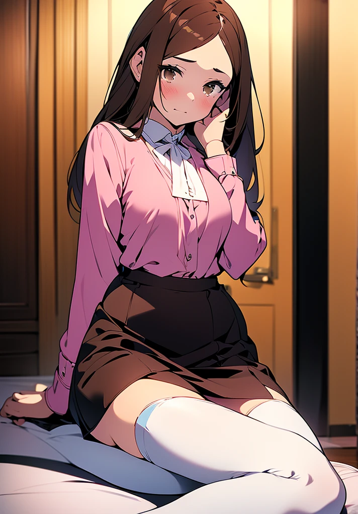 8K, detailed, anime, smooth anime CG art, masterpiece, high quality, highres, best quality, highres, 1girl, disheveled hair, illustration, focus on face, simple background, long hair, socks, black hair, hair between eyes, calm, dress shirt, long bangs, tied hair, braided hair, dominant eyes, ribbons in hair, crimson red eyes, large breasts, breasts, perfect face, perfect legs, no pants, full lips, add_detail:-3