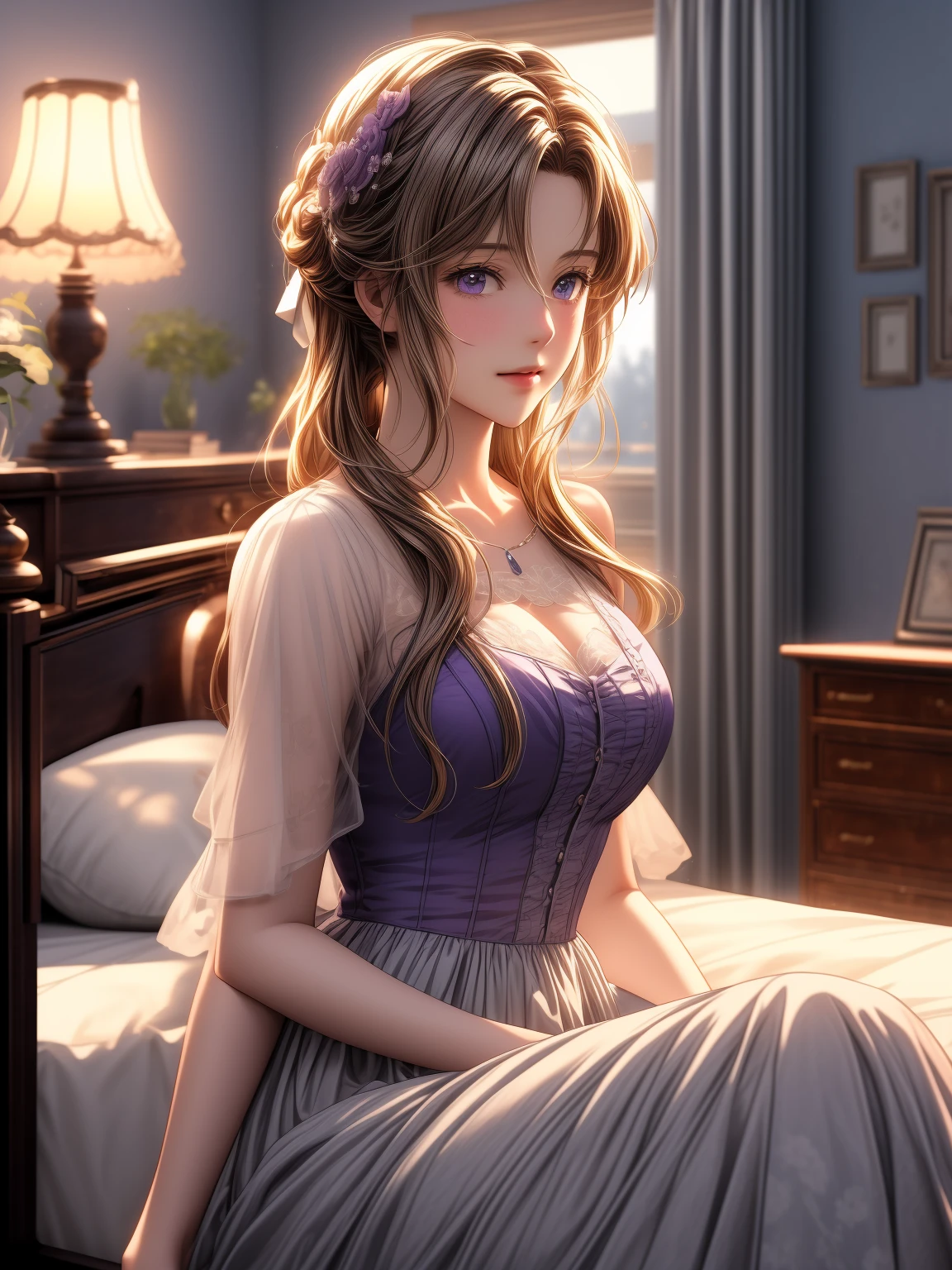 Masterpiece, best quality, (very detailed CG unified 8k wallpaper), (best quality), (best illustration), (best shadow), (Stable Diffusion Model), violet evergarden, shimmering, beautiful, victorian style bedroom, dynamic lighting, depth of field
