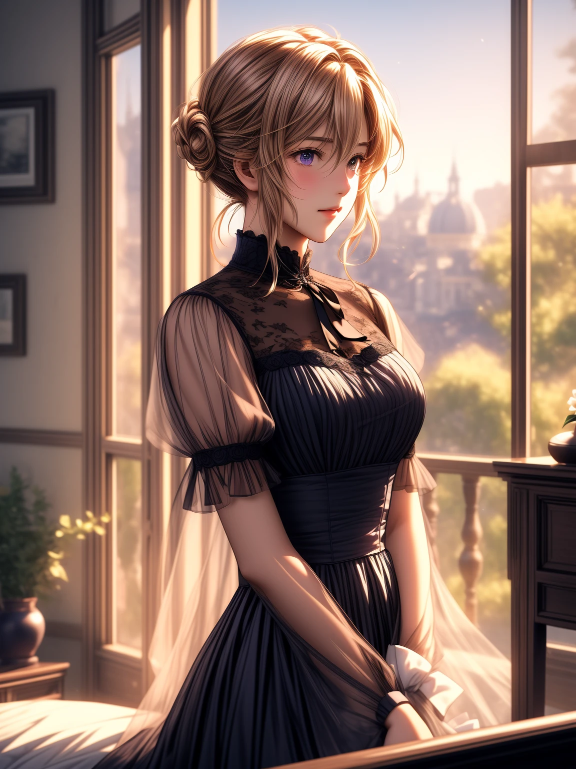 Masterpiece, best quality, (very detailed CG unified 8k wallpaper), (best quality), (best illustration), (best shadow), (Stable Diffusion Model), violet evergarden, shimmering, beautiful, victorian style bedroom, dynamic lighting, depth of field