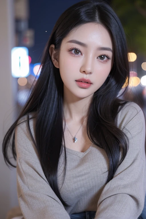 realistic, High resolution 8k, Complete dynamic configuration, beautiful detailed eyes, normal sized eyes, long straight gray hair, lively and bright lips, big bust, random common poses, Random Casual Outfits, Random and natural expressions, 25 years old, Korean woman, (drooping eyes 1.2), (sagging eyebrows 1.2), very beautiful appearance, slim body, natural makeup, night vivid background, Self camera