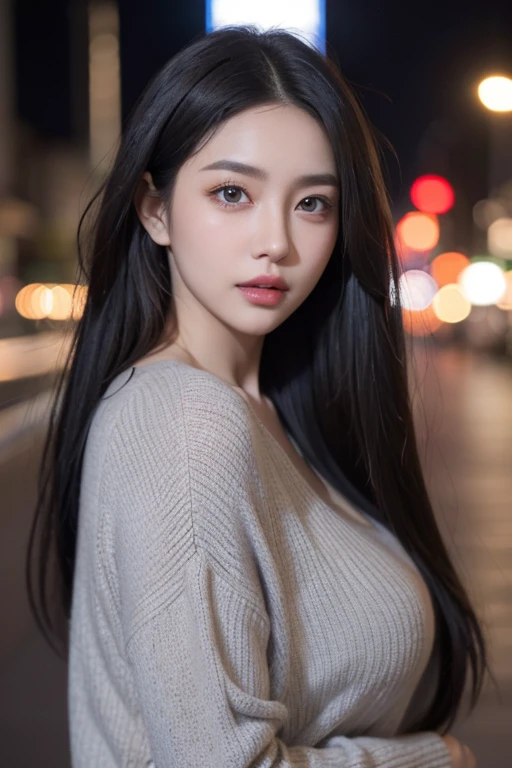 realistic, High resolution 8k, Complete dynamic configuration, beautiful detailed eyes, normal sized eyes, long straight gray hair, lively and bright lips, big bust, random common poses, Random Casual Outfits, Random and natural expressions, 25 years old, Korean woman, (drooping eyes 1.2), (sagging eyebrows 1.2), very beautiful appearance, slim body, natural makeup, night vivid background, Self camera