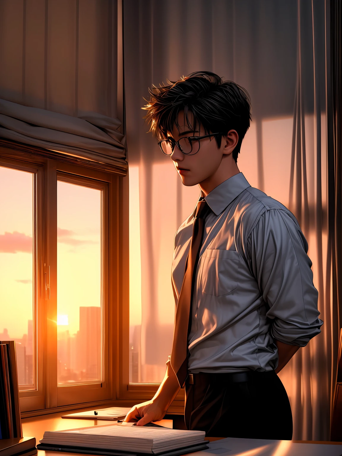 (highres,ultra-detailed,realistic:1.37),boy studying,building exterior,anime,sunset,window light,books on desk,notepad,pen,pencil,bookshelf,curtains,city view,reflection on window,glasses,concentrated expression,silhouette,peaceful atmosphere