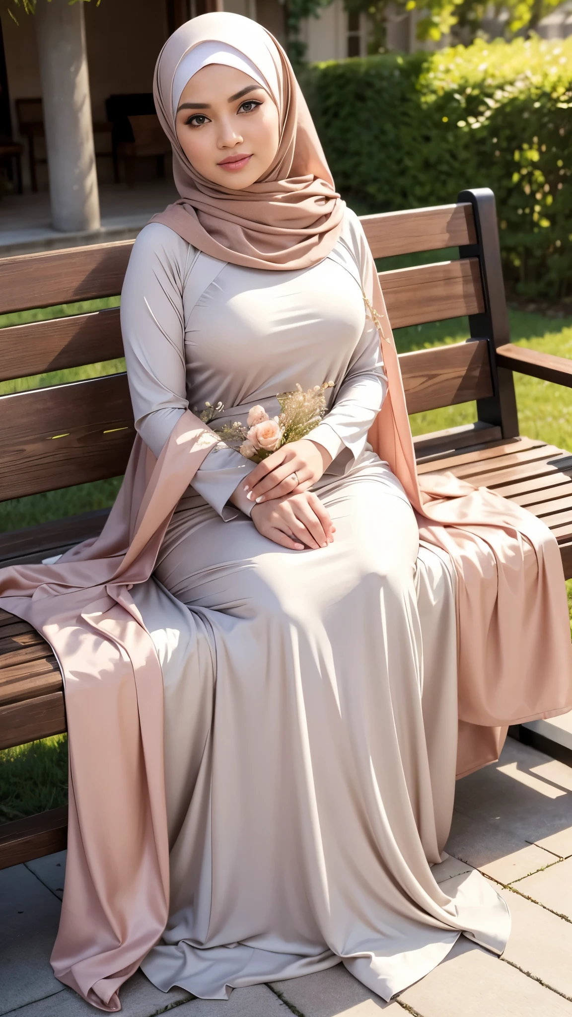 ( Close Up),RAW, Best quality, high resolution, masterpiece: 1.3), beautiful Malay woman in hijab,Masterpiece, perfect fit body, big breast,big gorgeous eyes, Soft smile,beutiful face,thick thighs, women in long dresses standing on a bench with flowers, long dress female, full covered dress, modest flowing gown, peach and goma style, flowing dress, dress, hijab, long dress, soft silk dress, wearing an elegant dress, 2 colours, malay , Excellent lighting, Bright colors, Clean lines,