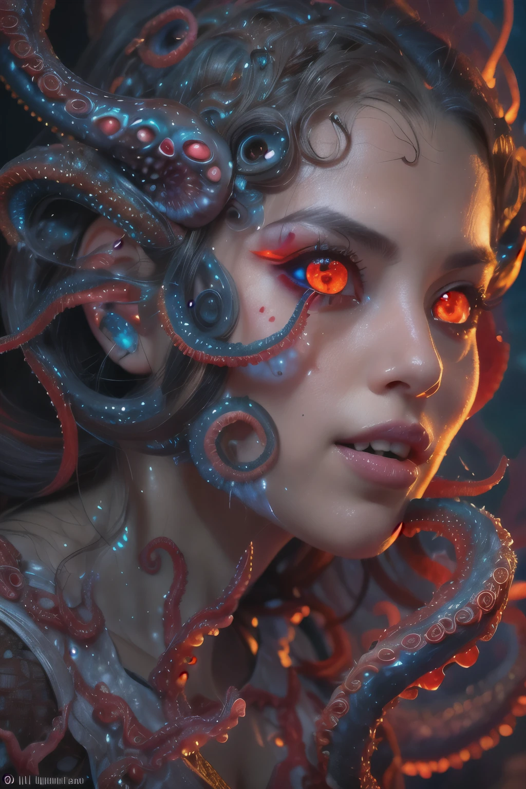 scary and sexy detailed art in color, Portrait, (beautiful and obscene female alien:1.4), (vulgarity1.5), (she has glowing red eyes with no pupils:1.8), (Translucent skin:1.7), ((There is a female genital-like organ in the middle of the forehead:1.9)), (The most beautiful face in the history of the universe:1.2),an evil gaze that seduces, (large mouth:1.1), (sharp teeth like a vampire:1.2), Full body portrait, (bio luminescent:1.5), (Smile wickedly:1.3), (sexypose:1.5), incredibly beautiful matured alien, (she has unparalleled beauty:1.5), No humans, cells are fused, (Lots of translucent tentacles:1.6) extraterrestrial, cell, bio image, best quality, 8K,In 4K_quality, High freshness, Dramatic Lighting, masterpiece:1.5, cinematic quality, detail up, (exquisite details:1.2), high resolution, High freshness, drawing faithfully, (Thick eyebrows:1.2), Beautiful eyes with fine symmetry, (Highly detailed face and eyes:1.2), (Super detailed skin quality feeling:1.1), perfect anatomy, (Beautiful toned body:1.5), (Moist skin:1.2), not wearing makeup, (dark circles:1.1), long canines, cinematic drawing of characters, ultra high quality model, cinematic quality, detail up, (exquisite details:1.2), high resolution, High freshness, drawing faithfully, official art, Unity 8K Wall , 8K Portrait, best quality, Very high resolution, ultra detailed artistic photography, midnight aura, unreal engine 5, Ultra Sharp Focus, art by Amano Yoshitaka, ArtGerm, Roisch, intricate artwork, best quality, masterpiece, ultra high resolution, (photos realistic:1.4), ultra realistic realism, dream-like, nautilus, Creation of fantasy, Snail, Dream Snail, (biopunk nautilus:1.3),Thrilling color schemes, ultra realistic realism, seductively smiling, | (white tentacles with stripes:1.2), | subtle emerald green accents, (expression of ecstasy:1.6) , in the dark, she has snake-like eyes