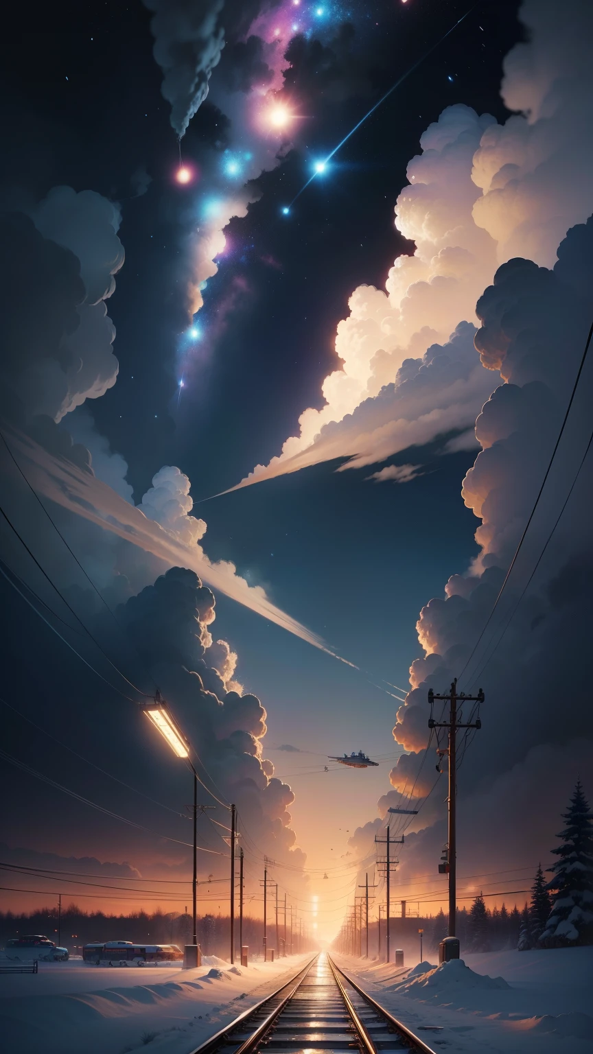 Train running on tracks in the snow、Xin Haichengのコンセプトアート、magic realism、beautiful anime scene、Space sky。Xin Haicheng、((Xin Haicheng))、anime backgroundアート、anime background、Xin Haichengのスタイル、anime movie background、Galaxy Express、no humans。