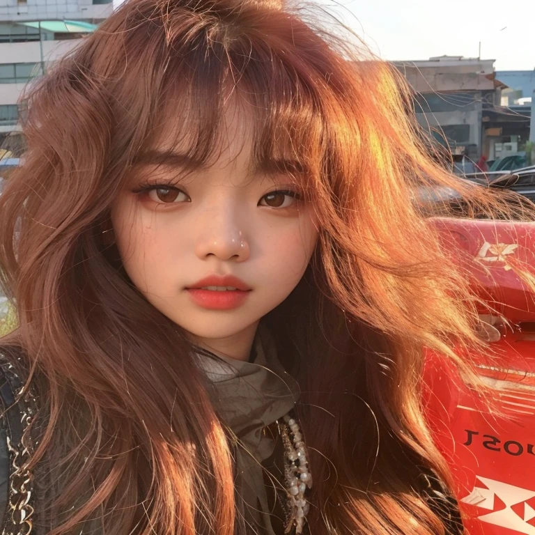Mujer arafed con cabello largo parada frente a una boca de incendios roja, ulzzang, Jinyoung Shin, joven y adorable rostro coreano, Lalisa Manobal, con cara redonda, pale round face, muchacha coreana, Young cute pale asian face, flequillo esponjoso, pale korean adorable face, jennie rosa negro, primera ola, hermosa cara redonda, jaeyeon nam