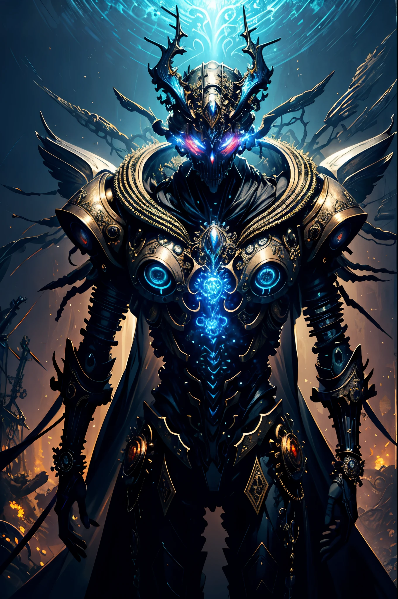 (Masterpiece, best quality :1.3), ultra-detailed, intricate, 8k, HDR, wallpaper, blue-gold color scheme, (glowing red, cross-shaped glow, blooming flowers)), gun, (shooting position), Glow, Royal Crown, armor, Glowing red eyes, Metal Mecha, metal wings, The hornetal skull inhabited by dreamlike transparent jellyfish)), the abstract twisted jellyfish tentacles, the cluster of transparent jellyfish tentacles above the skull, (black sunglasses, highly reflective lenses, rainbow around the skull), the energetic circular composition only illustrates the influence of various structural forces (steampunk decorative elements, cogs, and other elements). Pointer, chain decoration combination,