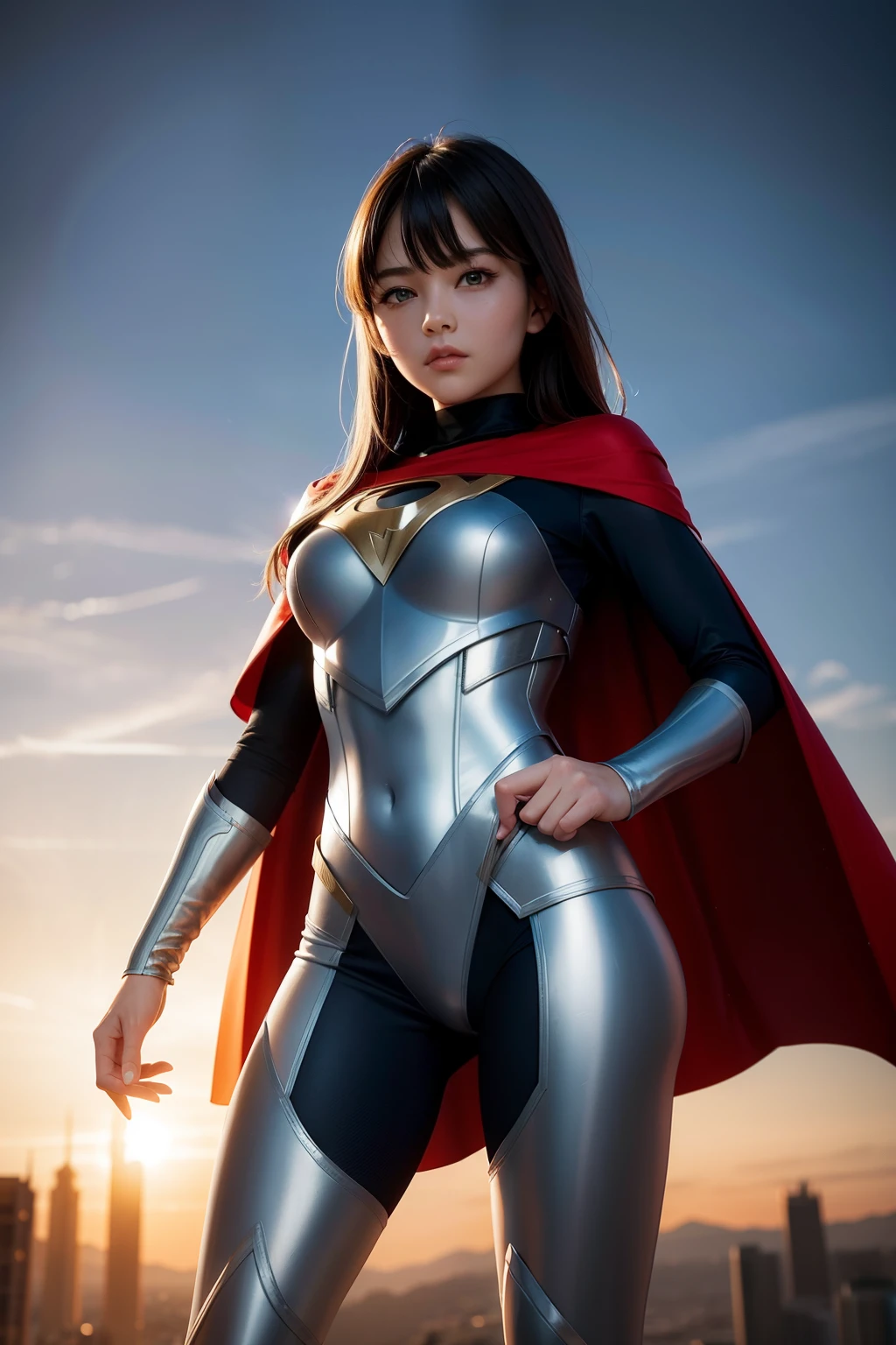 Superhero beauty young girl in sci-fi suit steel tatical armor with hero cape