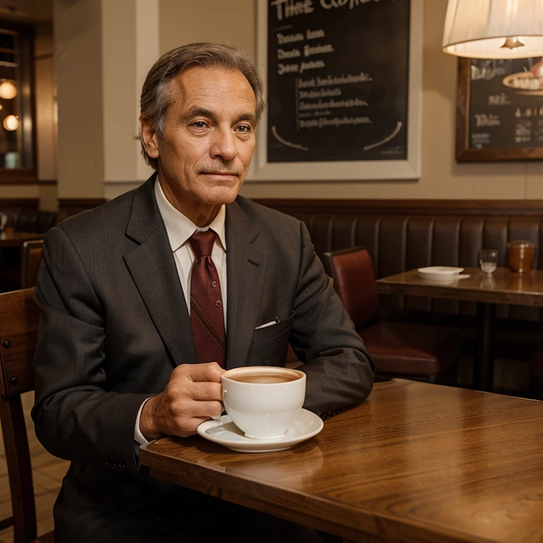 A 60 year old man wearing a suit sitting at a restaurant table with a cup of coffee in his hand