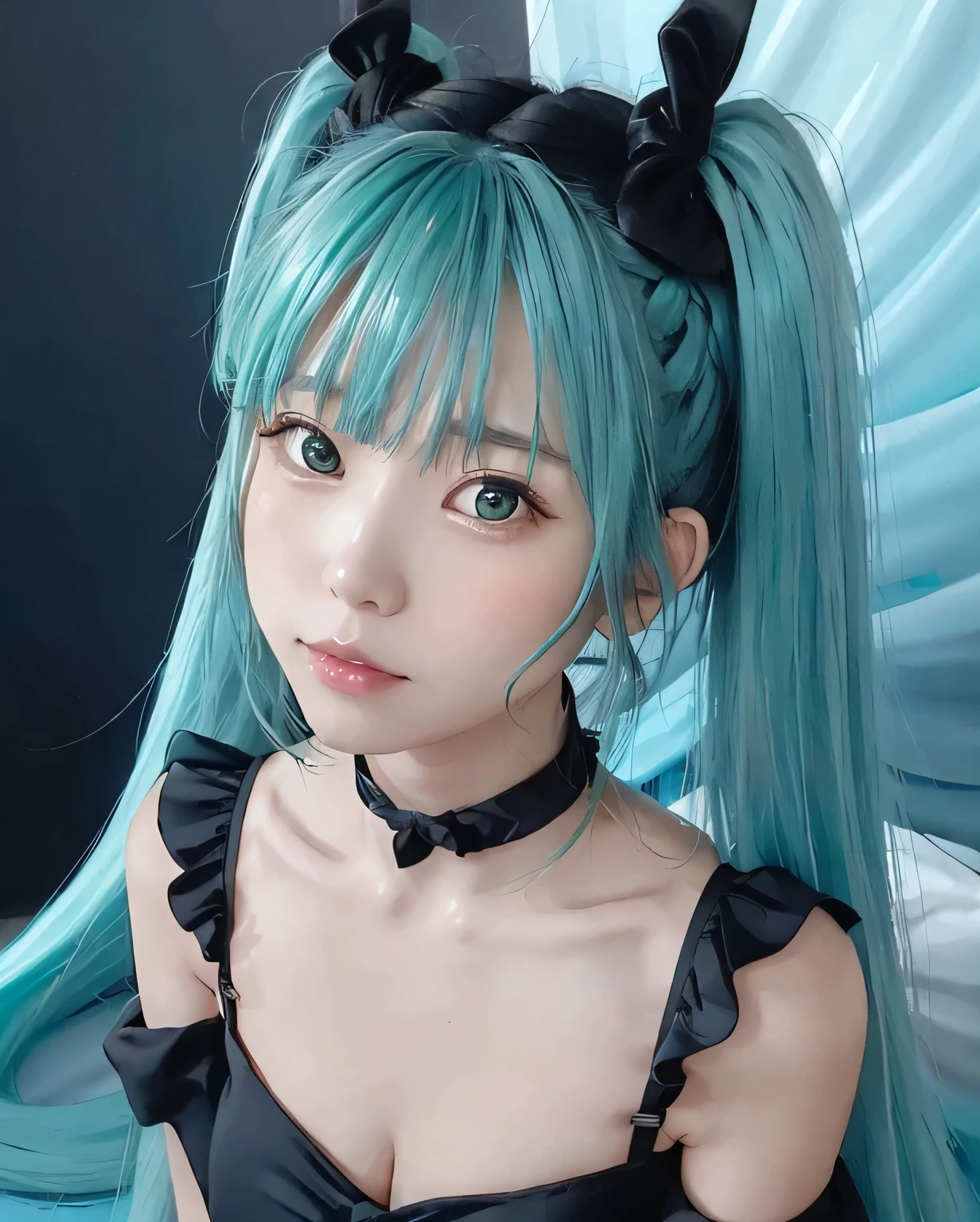 {The theme is Hatsune Miku}、(crazy turquoise long hair:1.5)、twin tails、((black ribbon scrunchie))、(black　camisole dress)、, shiny hair, expressive hair, crystal hair, gradient eyes, Artistic, conceptual art, glitter effect , shine, UHD, retina, masterpiece, Accurate, anatomically correct, Super detailed, high detail, fine skin,((flat body、slim、cute:1.3))、((dark blue sea background))、