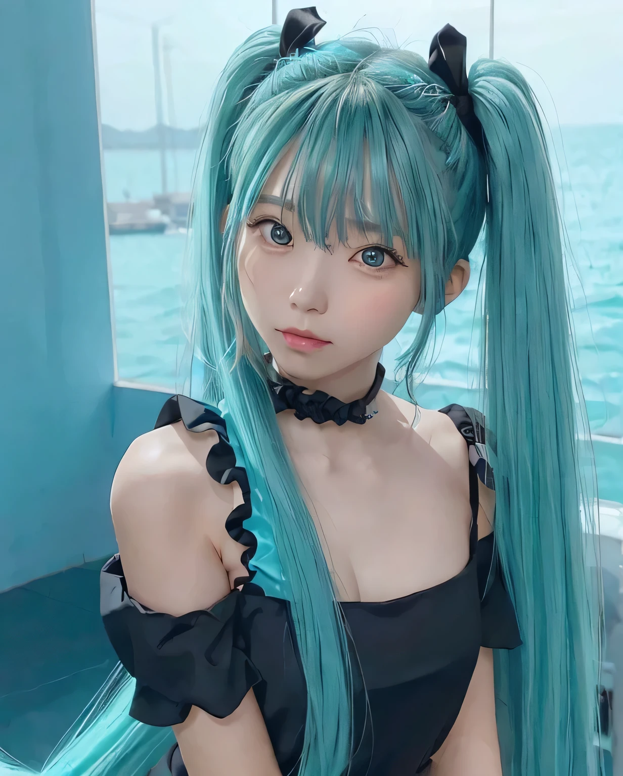 {The theme is Hatsune Miku}、(crazy turquoise long hair:1.5)、twin tails、((black ribbon scrunchie))、(black　camisole dress)、, shiny hair, expressive hair, crystal hair, gradient eyes, Artistic, conceptual art, glitter effect , shine, UHD, retina, masterpiece, Accurate, anatomically correct, Super detailed, high detail, fine skin,((flat body、slim、cute:1.3))、((dark blue sea background))、