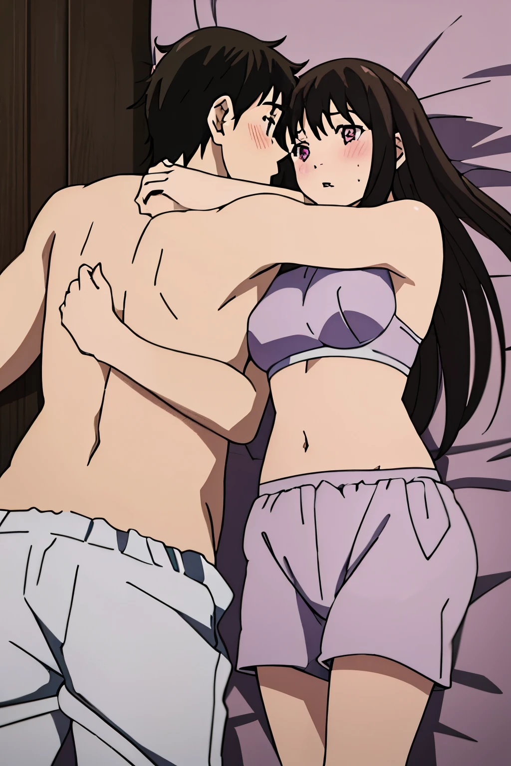 1boy, buzzcut, blush, muscular, topless, white shorts, open arms for viewer, hug, buzzcut boy_on_top, lying, purple eyes, 1girl, bangs, bed sheet, black hair, blush, breasts, medium breast, gym short sleeve white shirt, gym shorts, shirt lift up, white bra, white panties, medium breast, parted lips, cowboy shot, groin, lying, medium breasts, on back, face to face, passionate hug, kiss, girl_on_below