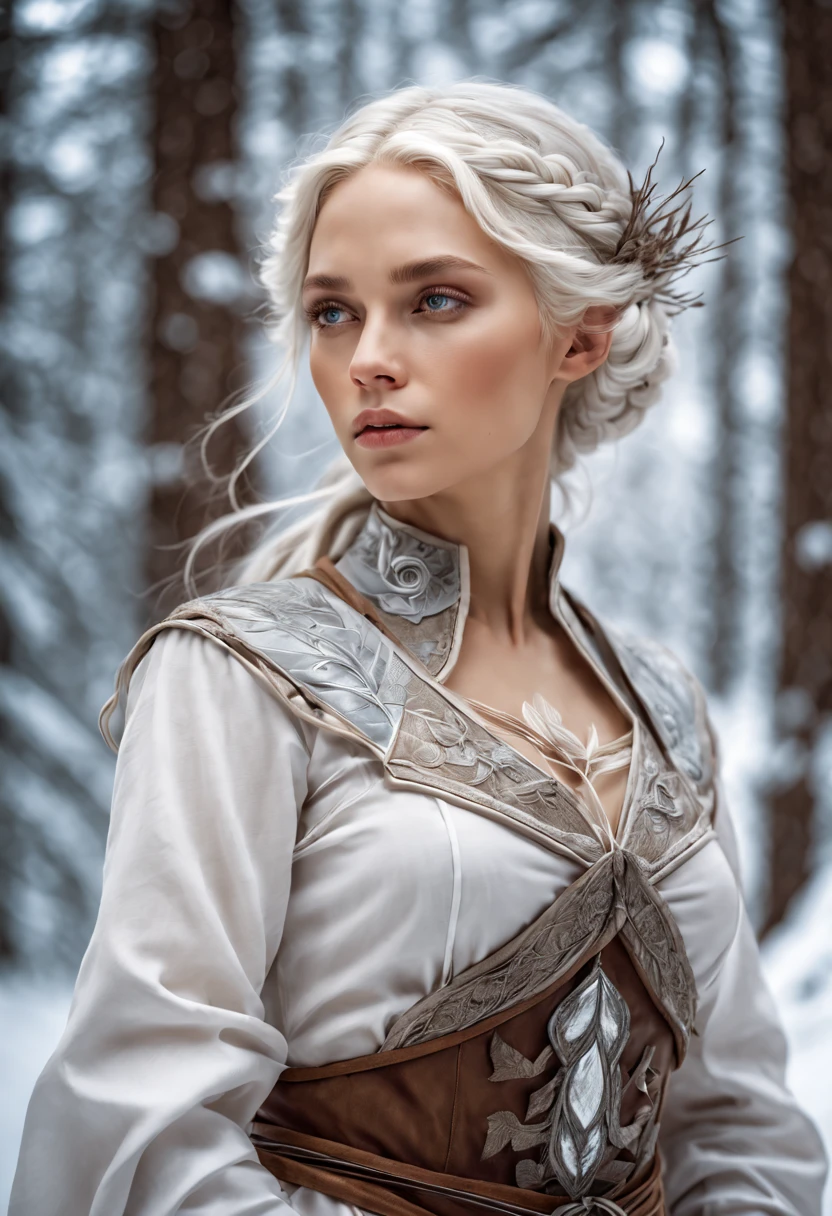 Elven Woman:white woman:elegant:Mori people:Hunter's attire:Clothes embroidered with silver thread on a white background:detailed:, white skin:Transparent, beautiful profile:Nordic beauty:seems kind:young, white hair:shiny, Strong bow, Yazuki, forest background, nordic forest, portrait, painted with oil paint, fantasy, Snowy forest background, dynamic composition, feel the wind, cowboy shot, from side, by Alfons Mucha, cinematic lighting, UHD, super detail, 8k, anatomically correct, textured skin, high details