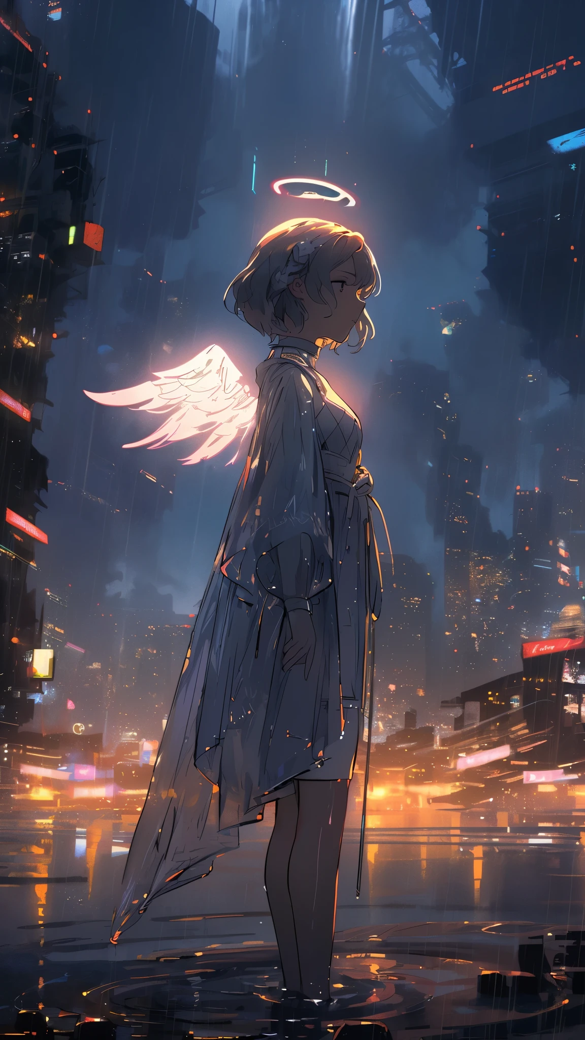 1girl, standing still,calm,little ethereal girl, Light reflective gown made as that can reflect Surrounding neon lights,((2 Angelic wings attached on back)),standing in a city at night,detailed lighting, side-angle portrait,cyberpunk lightings,modern anime trends of 2019, infusing eboy ,Tron and Lucifer vibes,AMOLED display colors,highly stylish, atmospheric scene ,reminiscen digital cyberpunk art,Leonardo Style,dripping paint,mesmerizing angelic presence ,captivating wallpaper-like composition.,weapon,High detailed ,Color magic --ar 9:16 --niji 5 --s 750** - Remix (Subtle) by (fast)