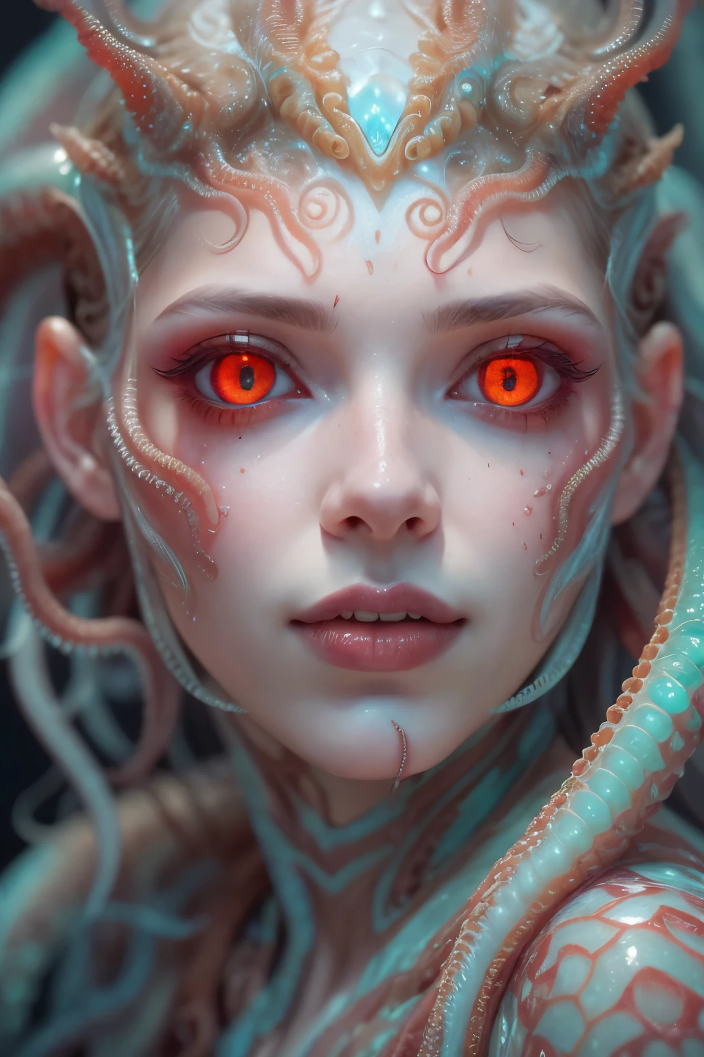 scary and sexy detailed art in color, Portrait, (beautiful and obscene female alien:1.4), (vulgarity1.5), (she has glowing red eyes with no pupils:1.8), (Translucent skin:1.7), ((There is a female genital-like organ in the middle of the forehead:1.9)), (The most beautiful face in the history of the universe:1.2),an evil gaze that seduces, (large mouth:1.1), (sharp teeth like a vampire:1.2), Full body portrait, (bio luminescent:1.5), (Smile wickedly:1.3), (sexypose:1.5), incredibly beautiful matured alien, (she has unparalleled beauty:1.5), No humans, cells are fused, (Lots of translucent tentacles:1.6) extraterrestrial, cell, bio image, best quality, 8K,In 4K_quality, High freshness, Dramatic Lighting, masterpiece:1.5, cinematic quality, detail up, (exquisite details:1.2), high resolution, High freshness, drawing faithfully, (Thick eyebrows:1.2), Beautiful eyes with fine symmetry, (Highly detailed face and eyes:1.2), (Super detailed skin quality feeling:1.1), perfect anatomy, (Beautiful toned body:1.5), (Moist skin:1.2), not wearing makeup, (dark circles:1.1), long canines, cinematic drawing of characters, ultra high quality model, cinematic quality, detail up, (exquisite details:1.2), high resolution, High freshness, drawing faithfully, official art, Unity 8K Wall , 8K Portrait, best quality, Very high resolution, ultra detailed artistic photography, midnight aura, unreal engine 5, Ultra Sharp Focus, art by Amano Yoshitaka, ArtGerm, Roisch, intricate artwork, best quality, masterpiece, ultra high resolution, (photos realistic:1.4), ultra realistic realism, dream-like, nautilus, Creation of fantasy, Snail, Dream Snail, (biopunk nautilus:1.3),Thrilling color schemes, ultra realistic realism, seductively smiling, | (white tentacles with stripes:1.2), | subtle emerald green accents, (expression of ecstasy:1.6) , in the dark, she has snake-like eyes